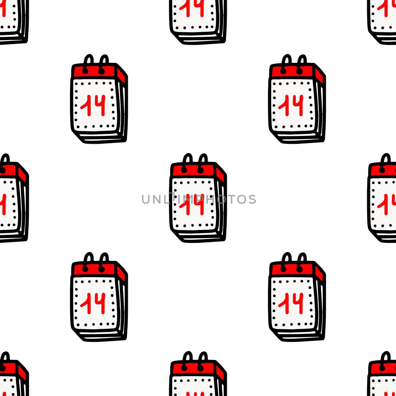 Seamless pattern with calendars with the inscription February 14 on a white backgroundillustration