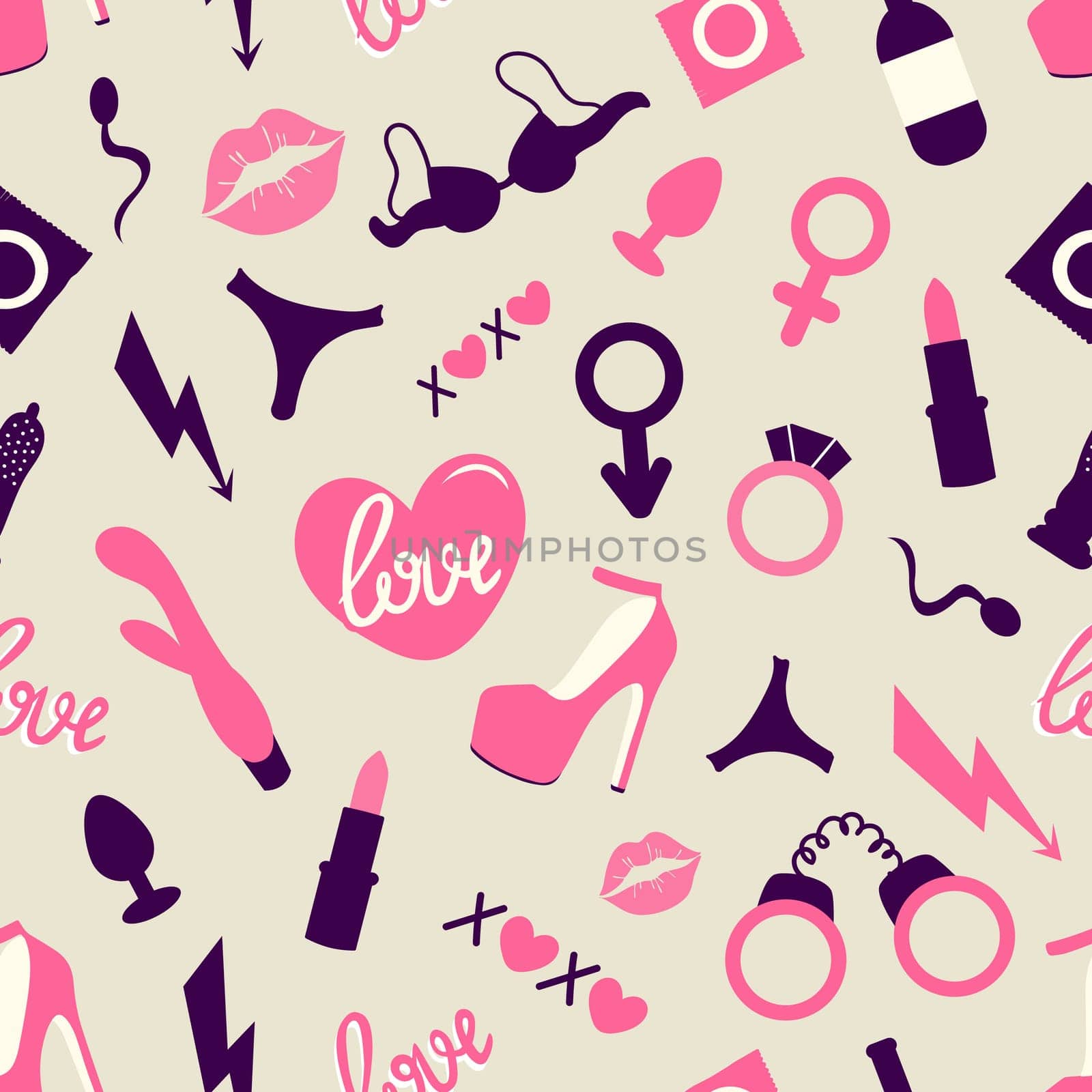 Adult toys seamless pattern flat illustration. Valentines day design, wrappers, textiles, printing