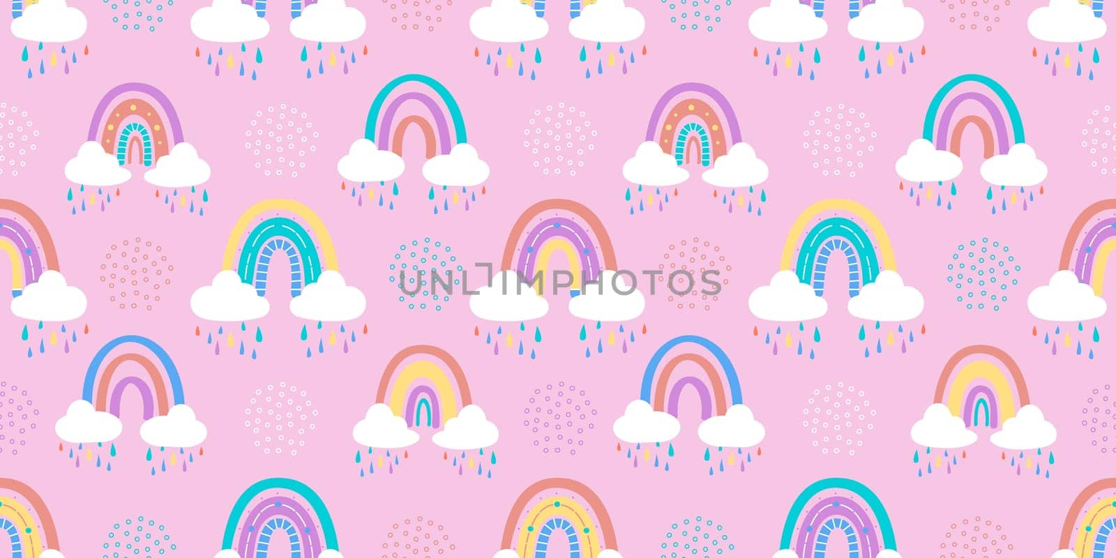 .Abstract rainbow with clouds and raindrops, doodles and circles in a seamless pattern. Childrens pattern in muted pastel colors. Hand-drawn illustration