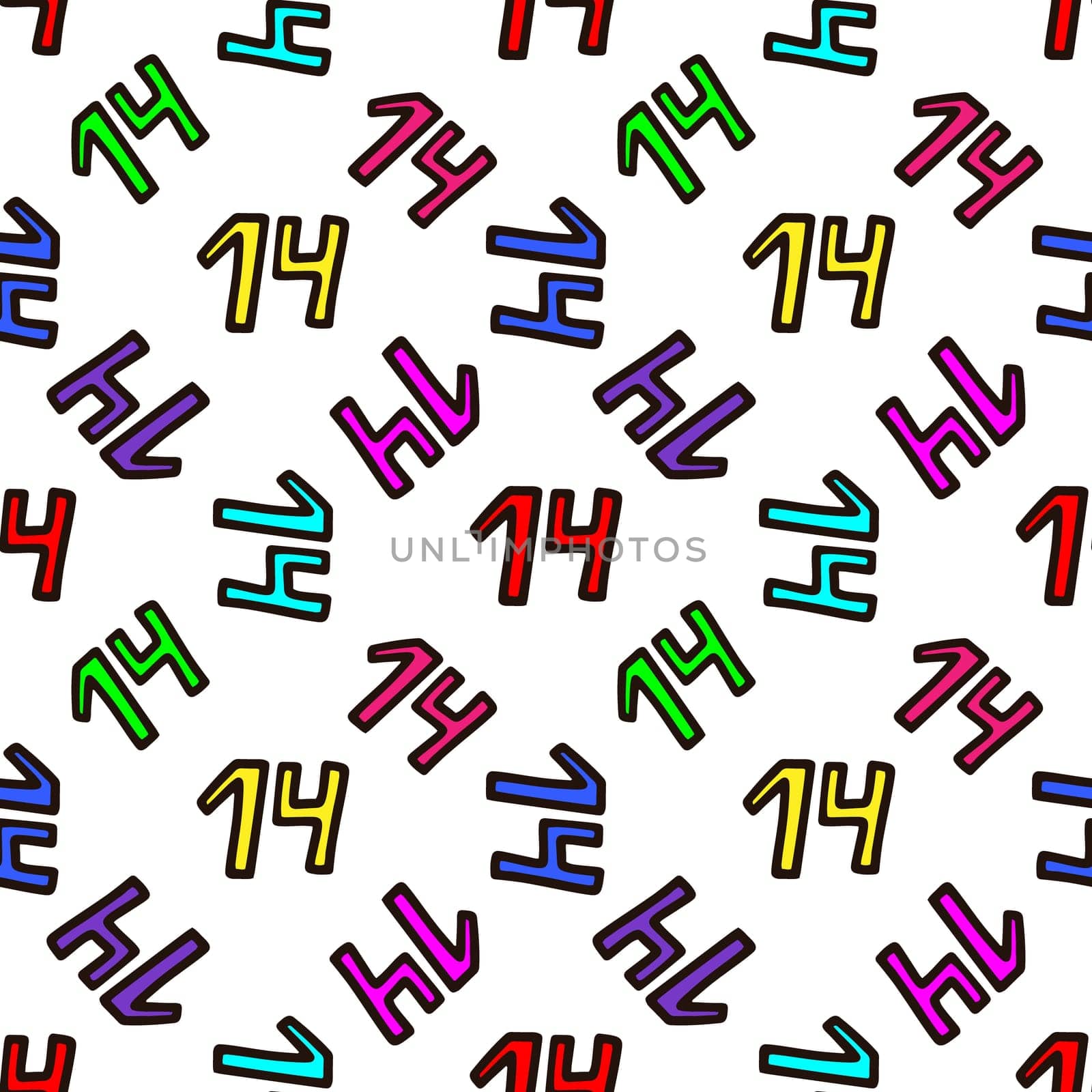 Seamless pattern with multicolored number 14 illustration. Design for Valentines Day