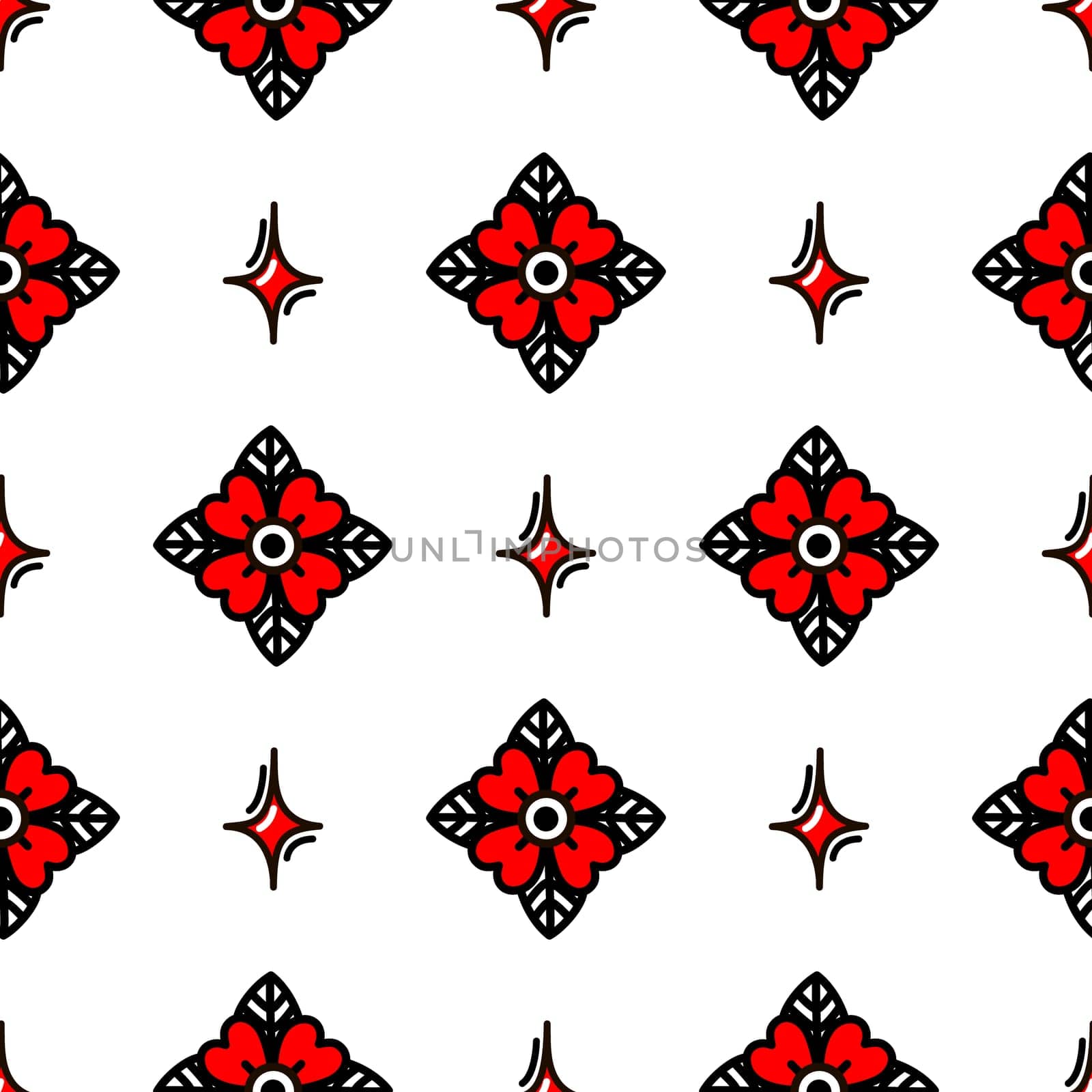 Red flower style old school tattoo seamless pattern. illustration in doodle style. Design for textiles, paper, wrappers
