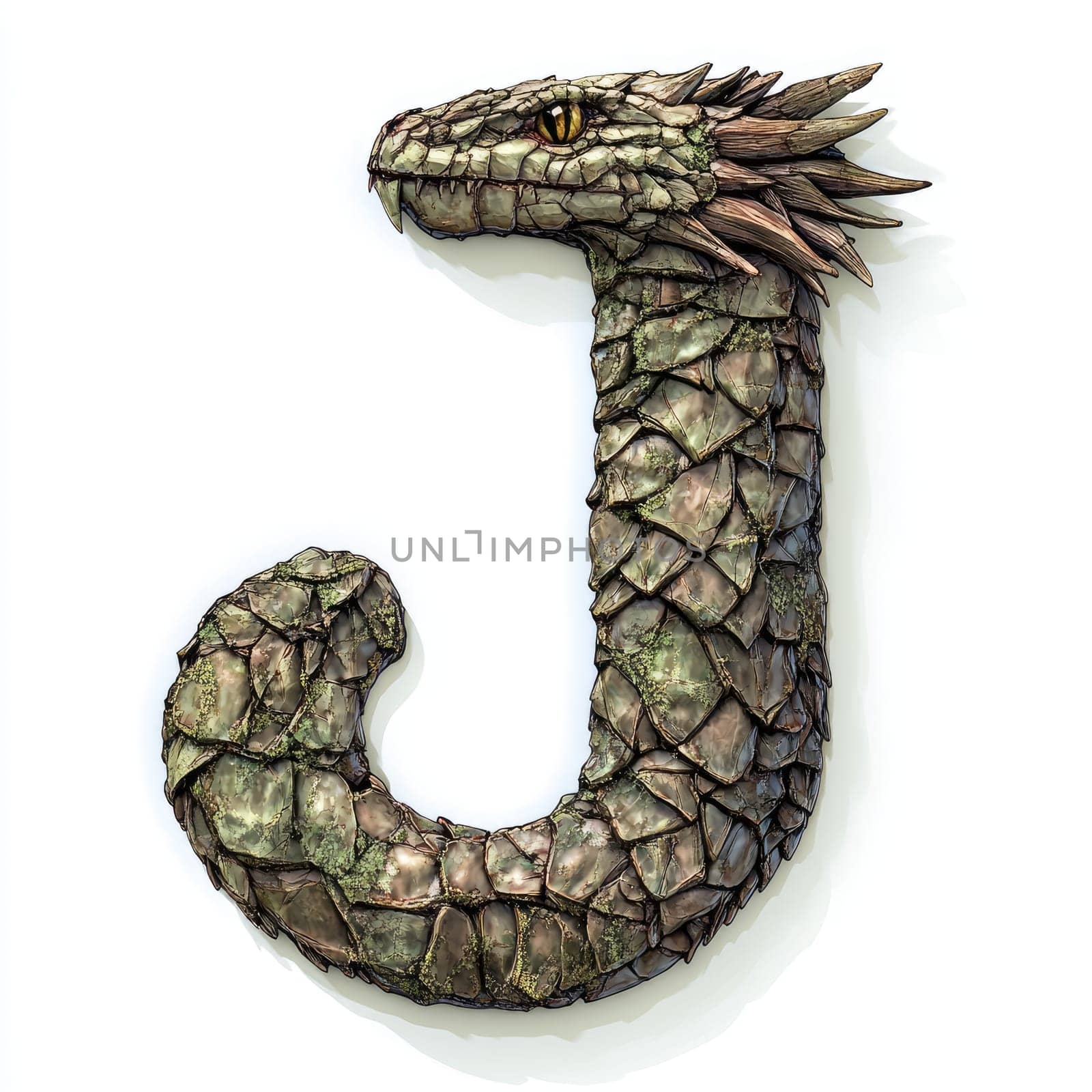 The letter J is artistically designed to resemble a serpent, featuring scales and spikes, showcasing a unique blend of typography and fantasy art.
