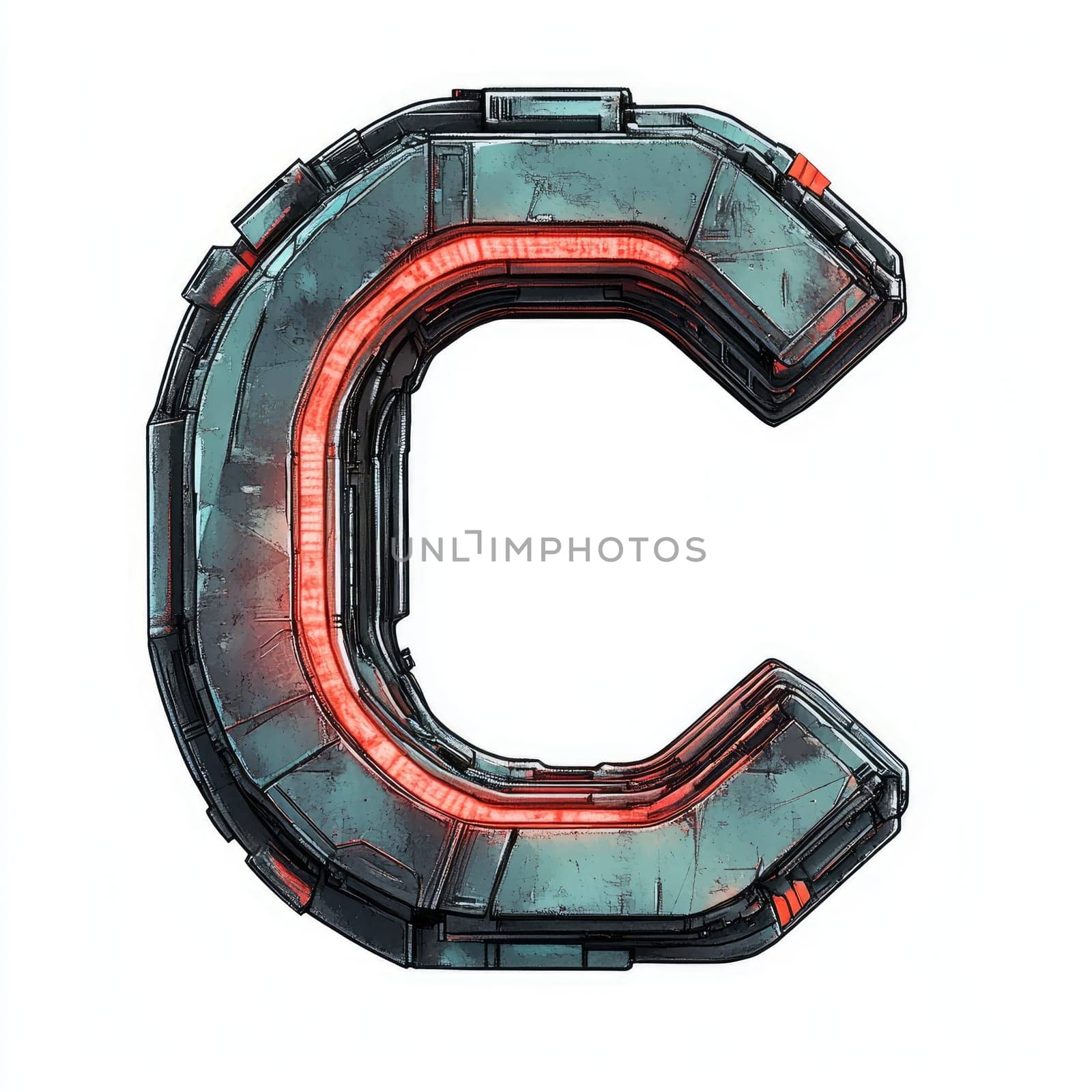 Cyberpunk style letter, text C, on a white background