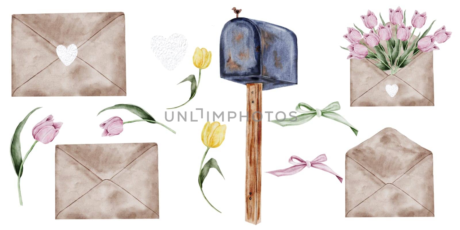 Mailbox watercolor set. Vintage blue letter container on a wooden stand. Letters, envelopes and flowers tulips. Isolated clip art on white background. Ideal for postcards for Postal Day, Postal Worker. High quality illustration