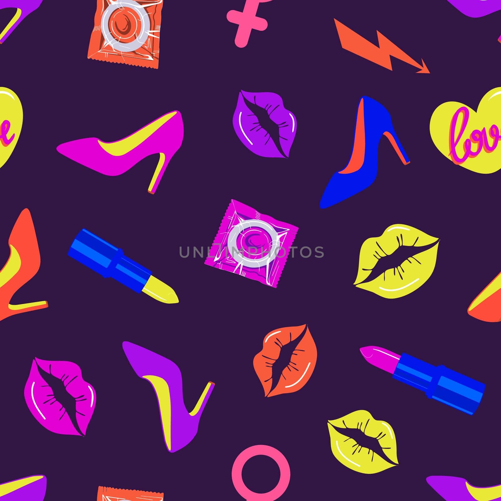 Glamorous bright sexy seamless pattern. Rave style. Condoms, shoes, and kisses on a dark background