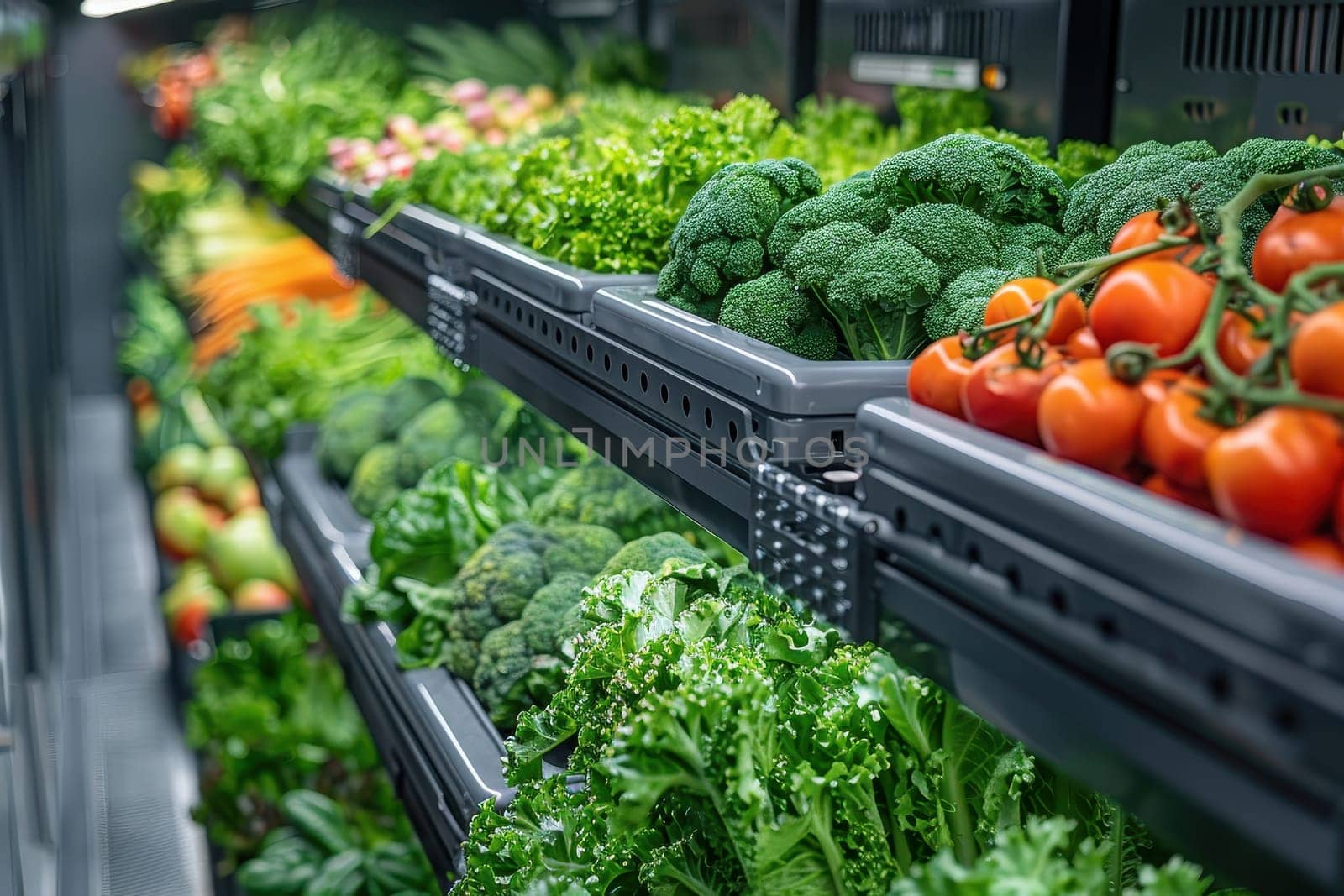 Fresh vegetables displayed in grocery store with vibrant greens and ripe tomatoes. Concept of healthy eating and nutrition