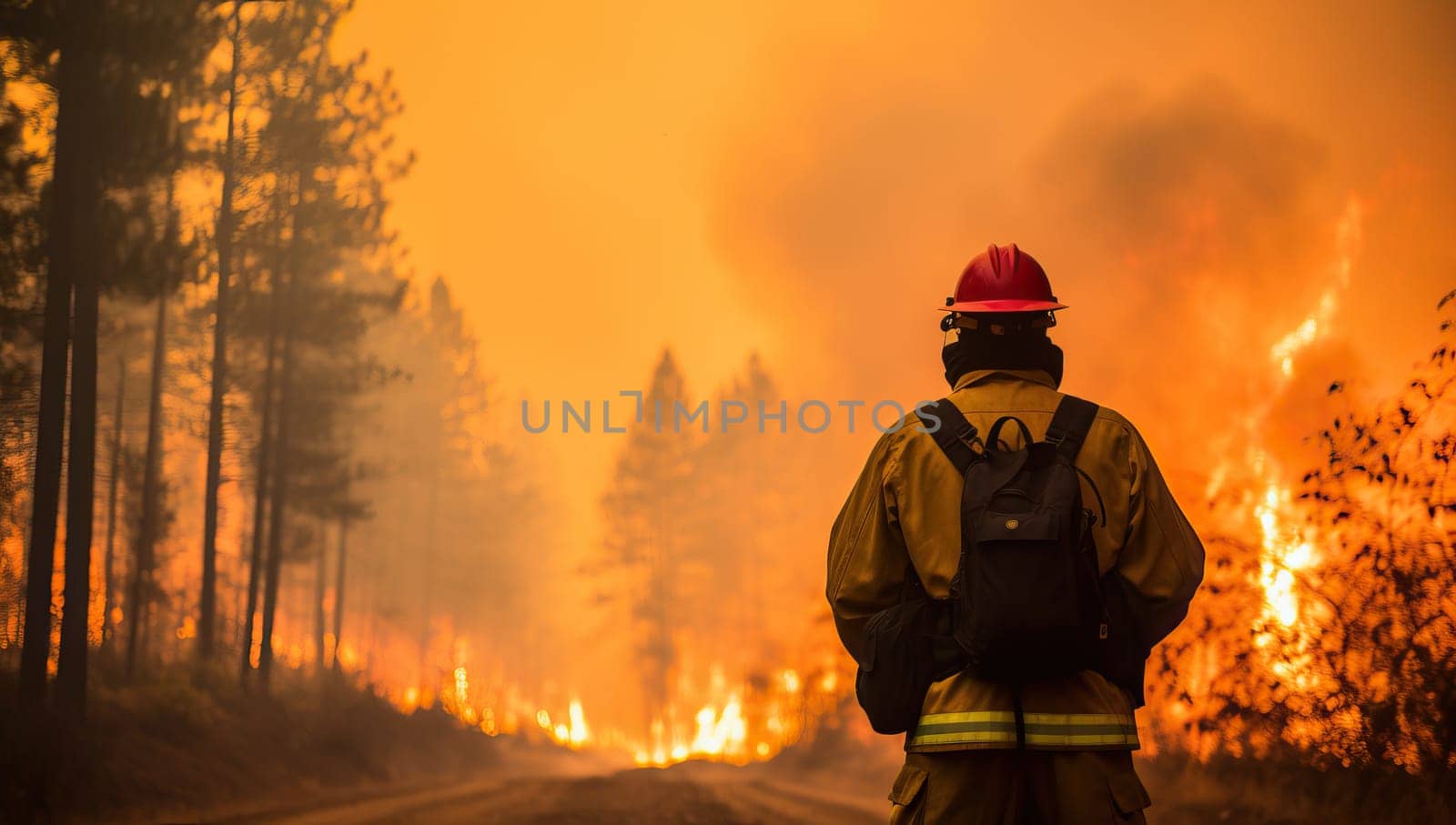 Firefighter stands in front of raging wildfire with burning trees and thick smoke in forest