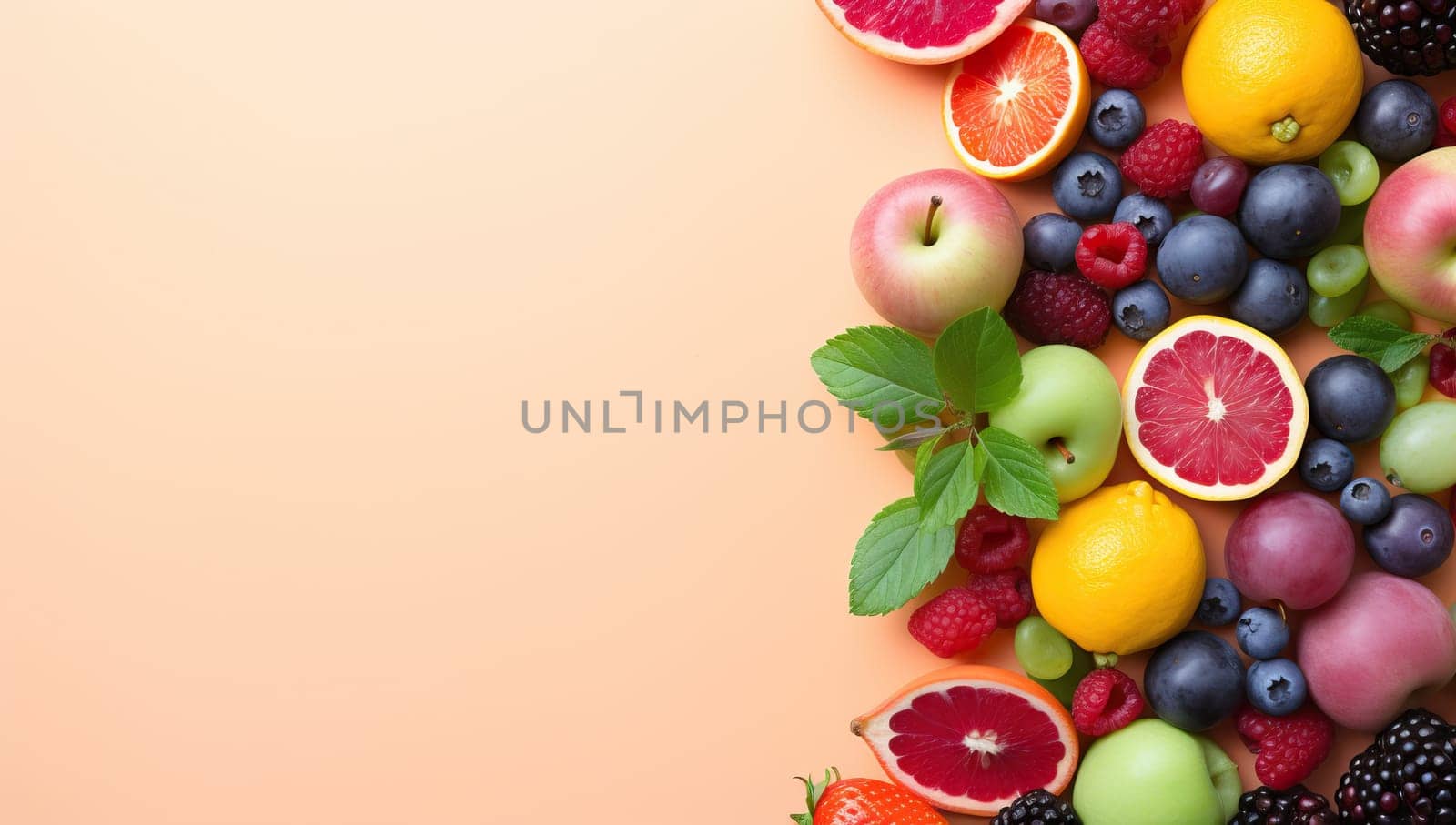 Colorful assortment of fresh fruits arranged on a peach background with leaves for a healthy lifestyle concept