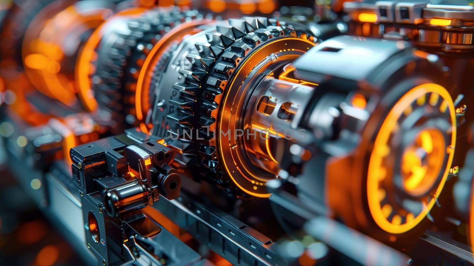 Close up of intricate gears and cogs in a powerful machine, showcasing industrial engineering and automated technology. 