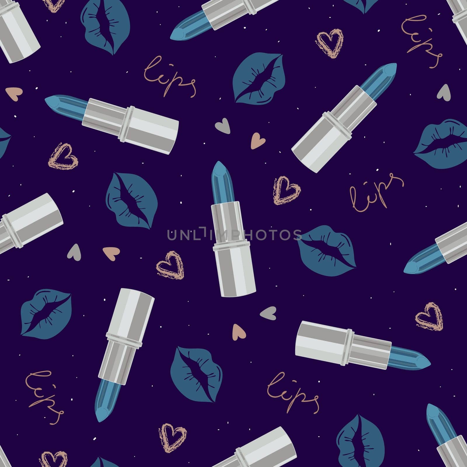 Glamorous fashion seamless pattern with lipstick and kisses in cool silver tones. Cosmetic seamless pattern in modern fashionable colors. Design for beauty, advertising, Valentines Day