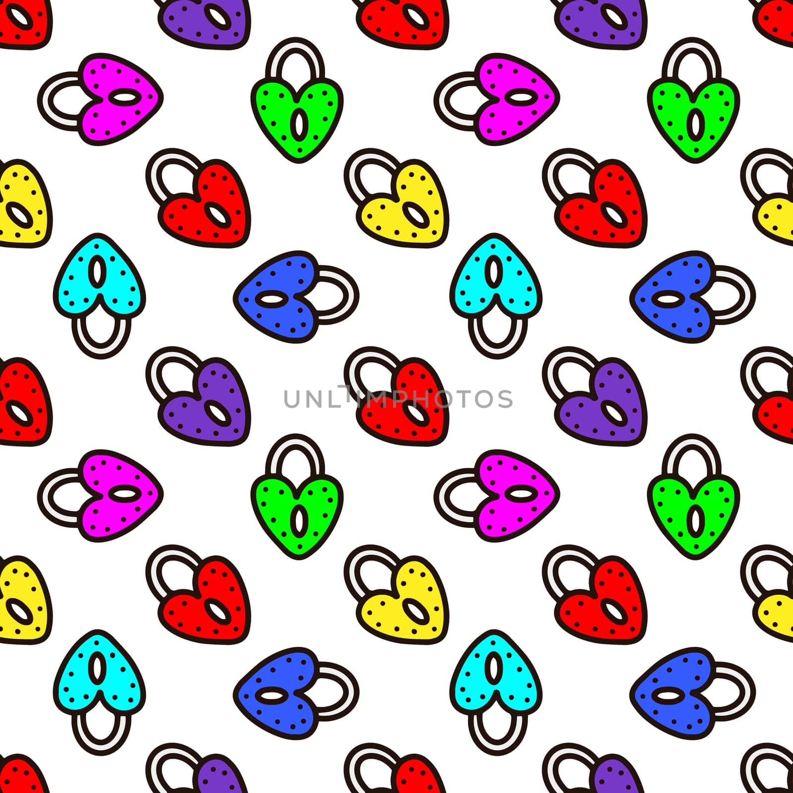 Seamless pattern with multicolored heart-shaped locks on a white background illustration. Pattern for Valentines Day