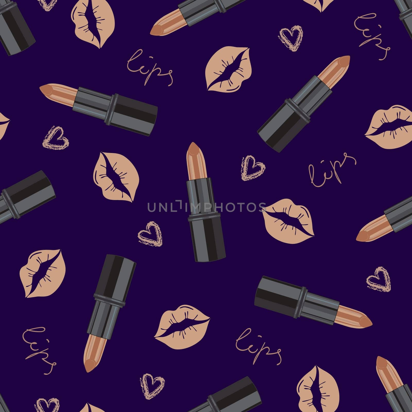 Glamorous fashion seamless pattern with lipstick and kisses in cool silver tones. Cosmetic seamless pattern in modern fashionable colors. Design for beauty, advertising, Valentines Day