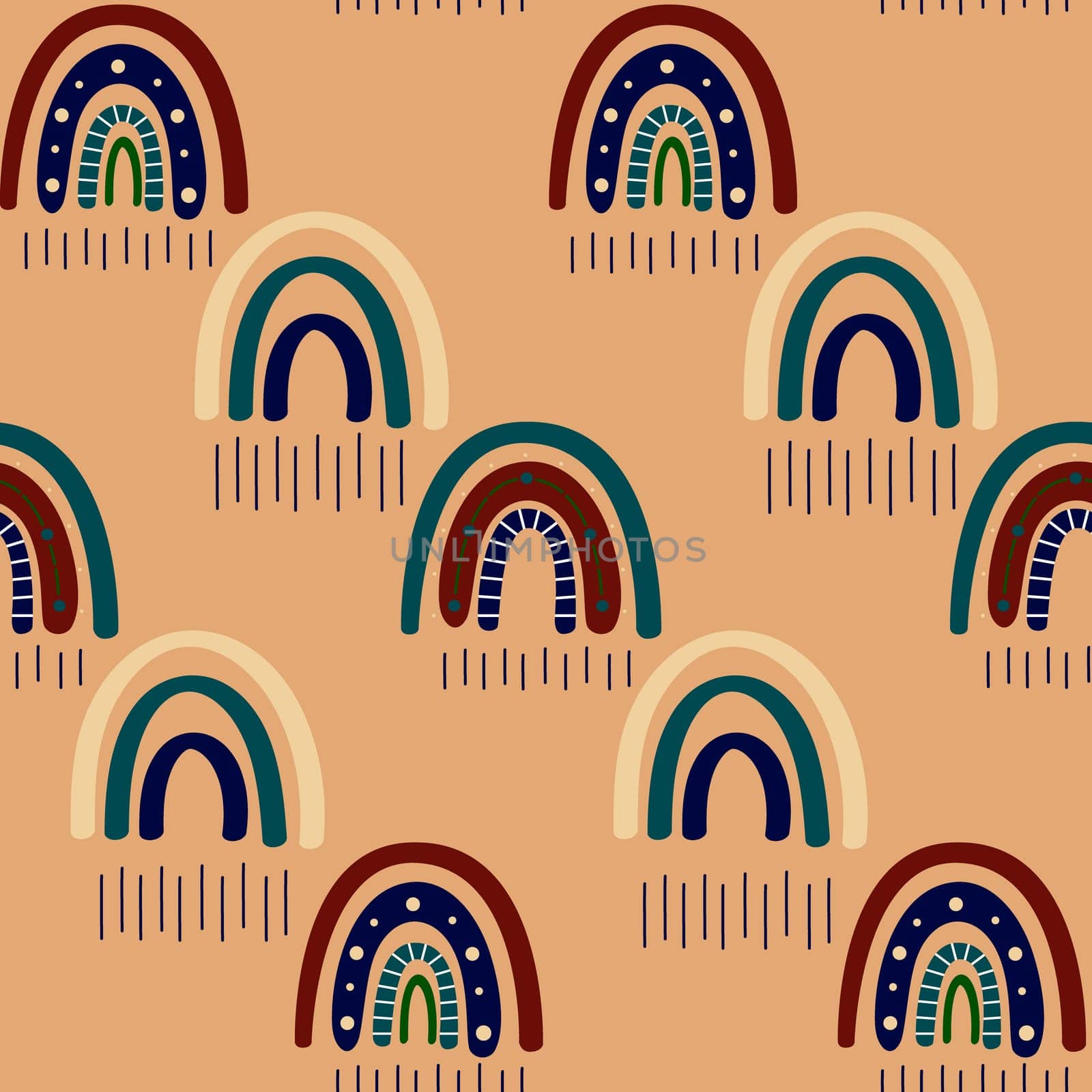 Boho rainbow seamless pattern. Rainbow Bohemian in trendy warm Golden, brown, yellow tones. Modern illustration for textile, paper, print design