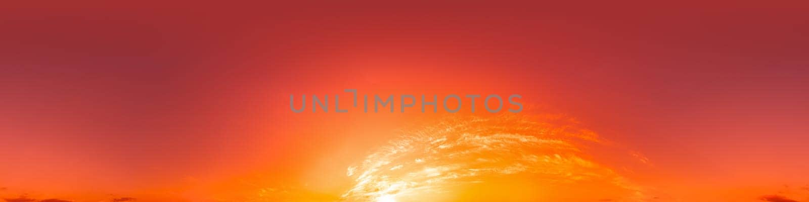 Dramatic Sunset sky 360 panorama. Vibrant sky with bright glowing red pink Cumulus clouds. HDR 360 seamless spherical panorama. Sky dome for aerial drone panoramas. Climate and weather change
