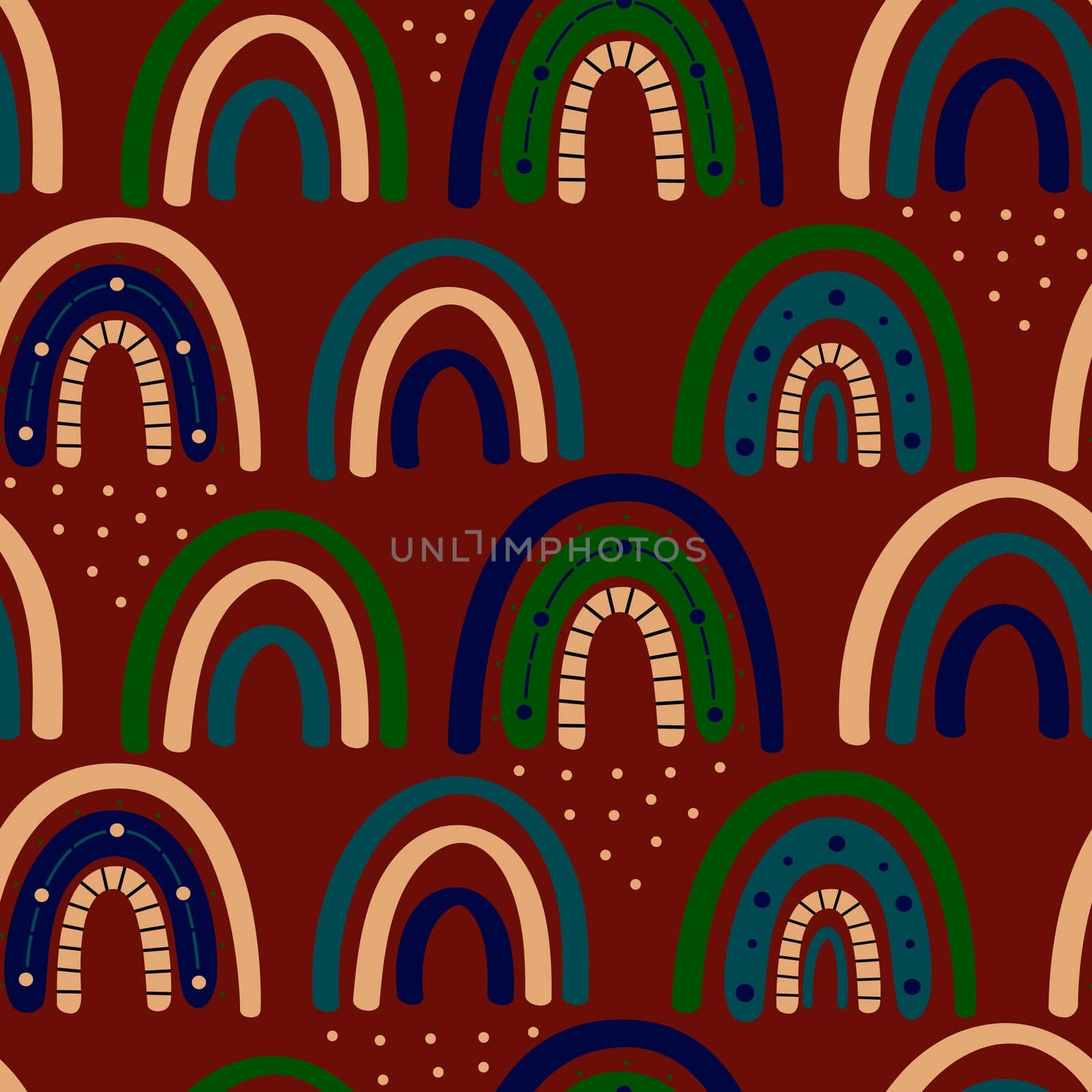 Boho rainbow seamless pattern. Rainbow Bohemian in trendy warm Golden, brown, yellow tones. Modern illustration for textile, paper, print design