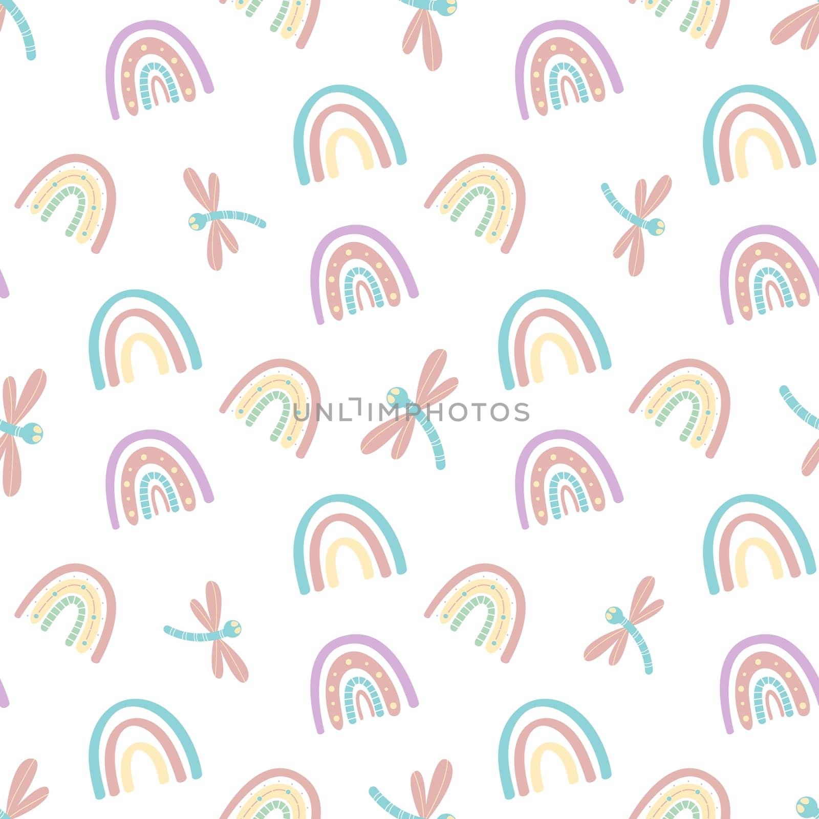 .Abstract rainbow seamless pattern. Childrens pattern in muted pastel colors. Hand-drawn illustration. Design for textiles, packaging, wrappers