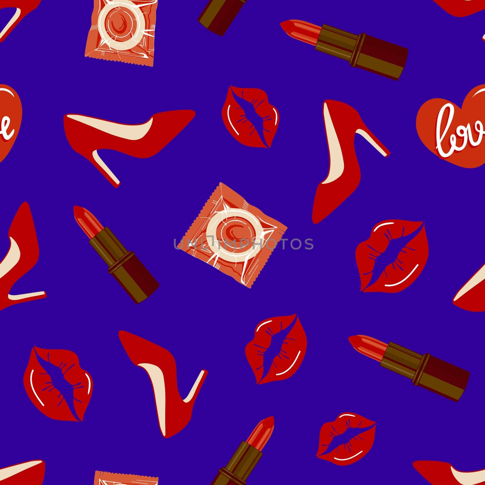.Glamorous Sexy seamless pattern. Condoms, shoes, and kisses on a blue background illustration