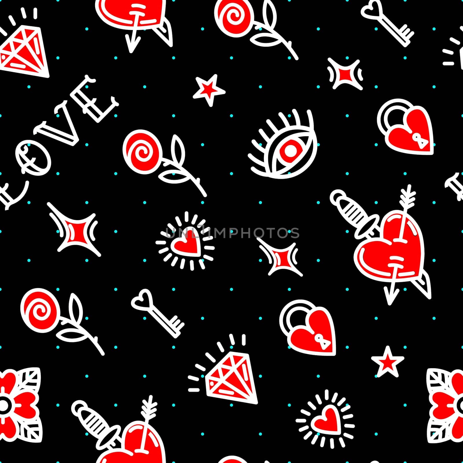 Valentines Day in old school style seamless pattern illustration. Design For Valentines Day, Stilts, Wrapping Paper, Packaging, Textiles