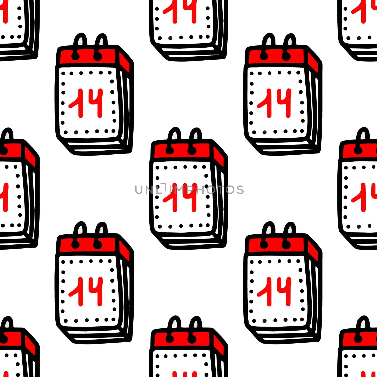 Seamless pattern with calendars with the inscription February 14 on a white backgroundillustration