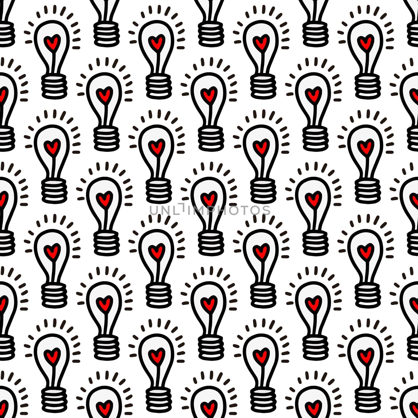 Seamless pattern with light bulbs with a heart on a white background illustration in doodle style. Design for Valentines Day, Wedding, Invitations