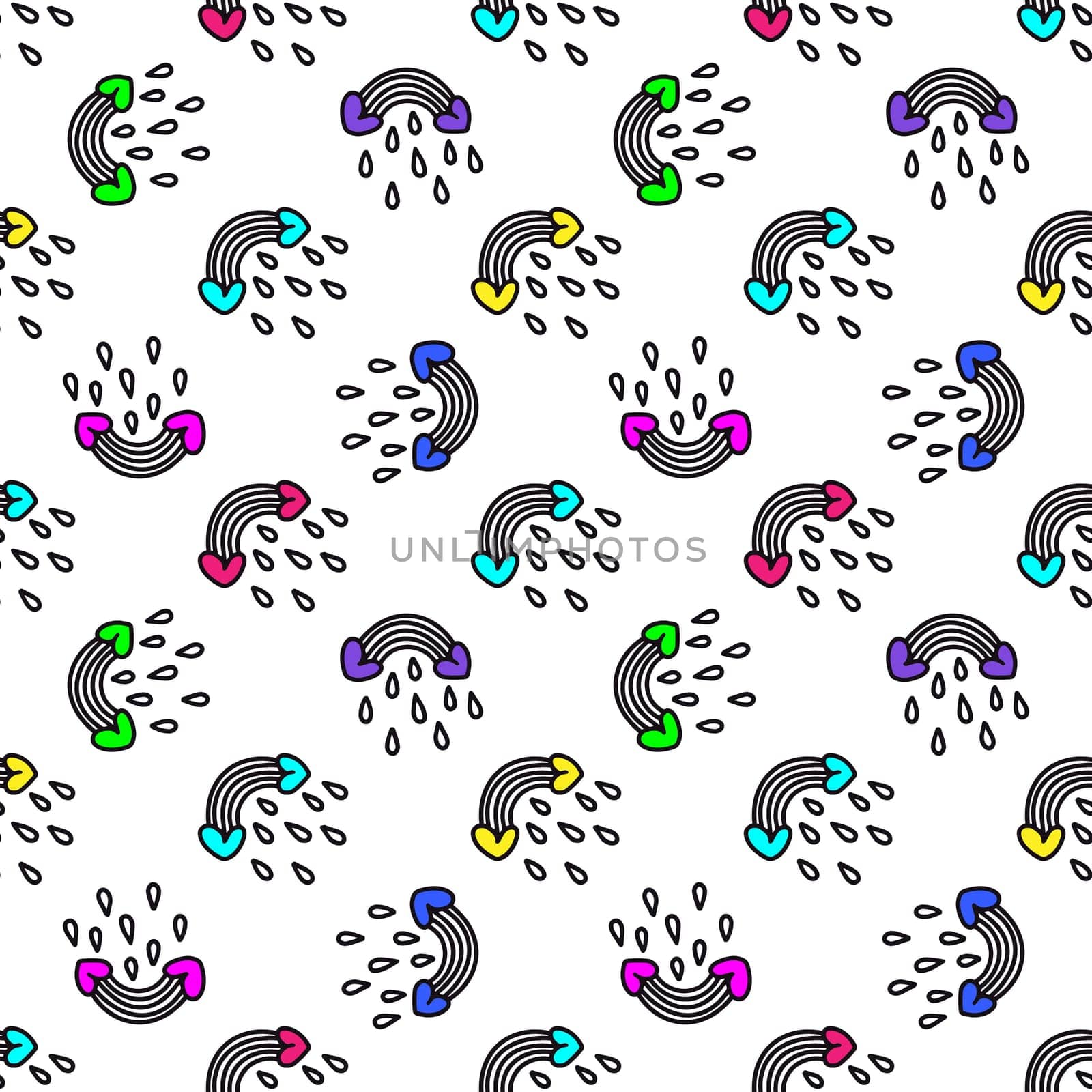 Romantic pattern with rainbows, hearts, raindrops illustration