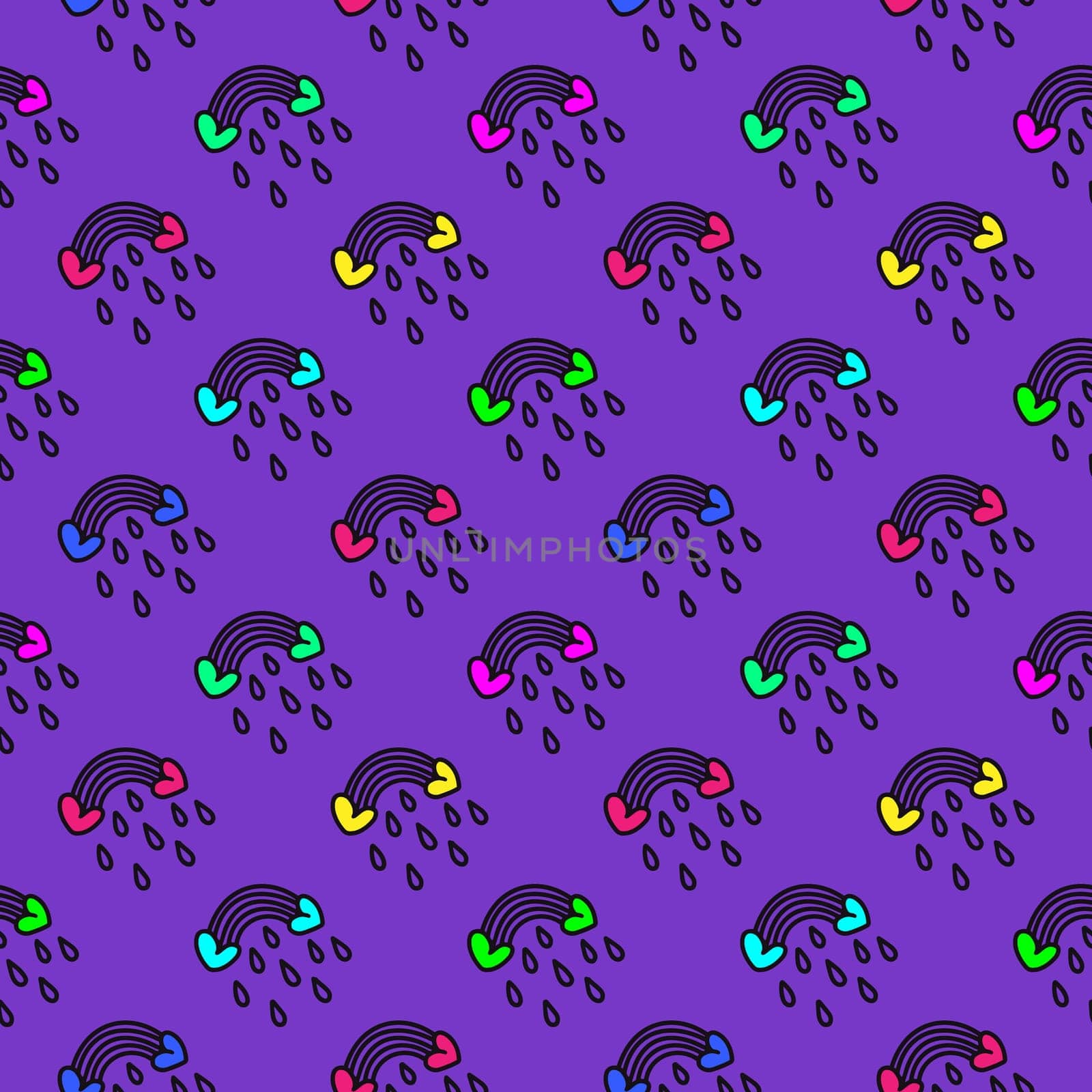 cartoon rainbows seamless pattern illustration in doodle style