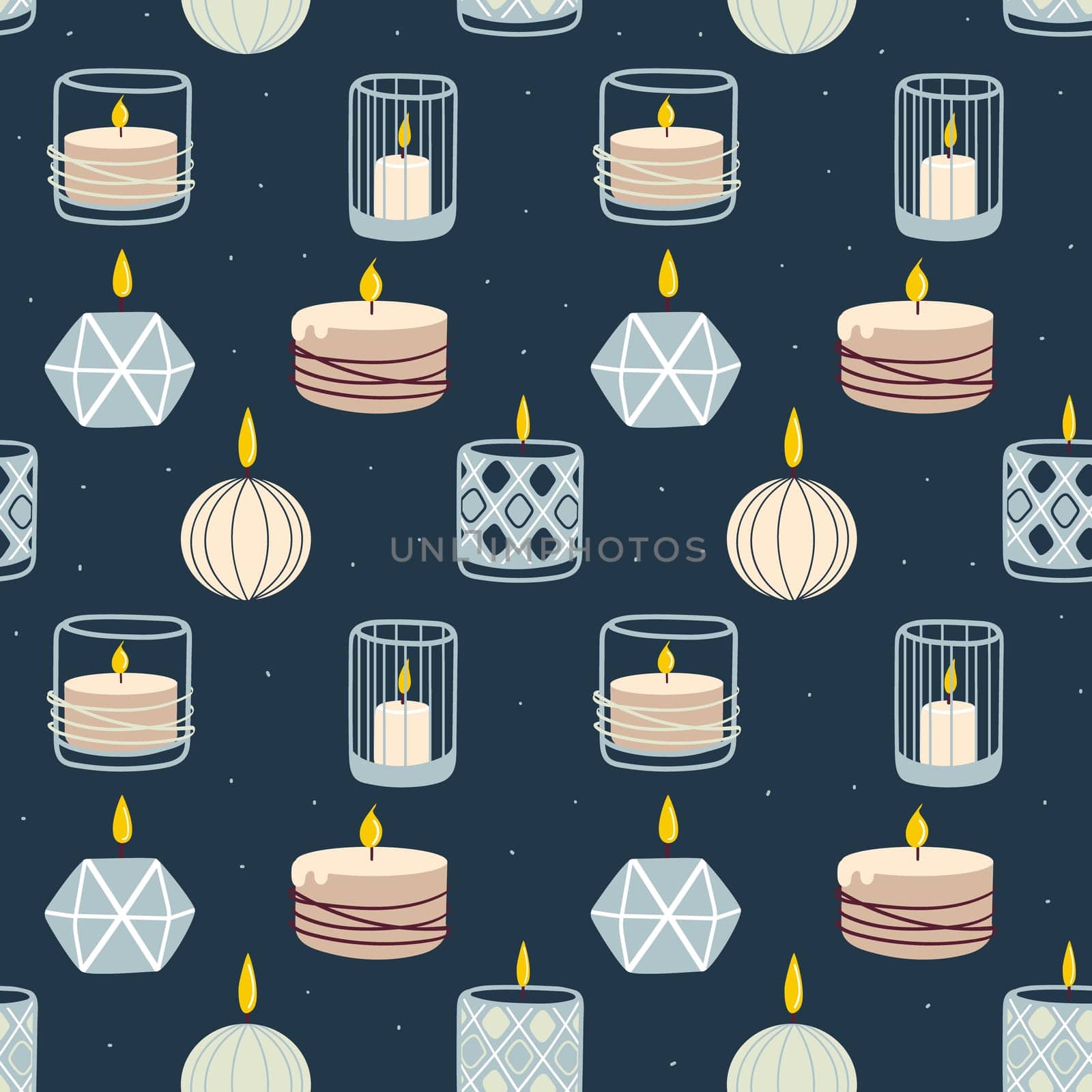 Scented burning candles seamless pattern.Design for printing, textiles, wrappers. Spa and aromatherapy illustration