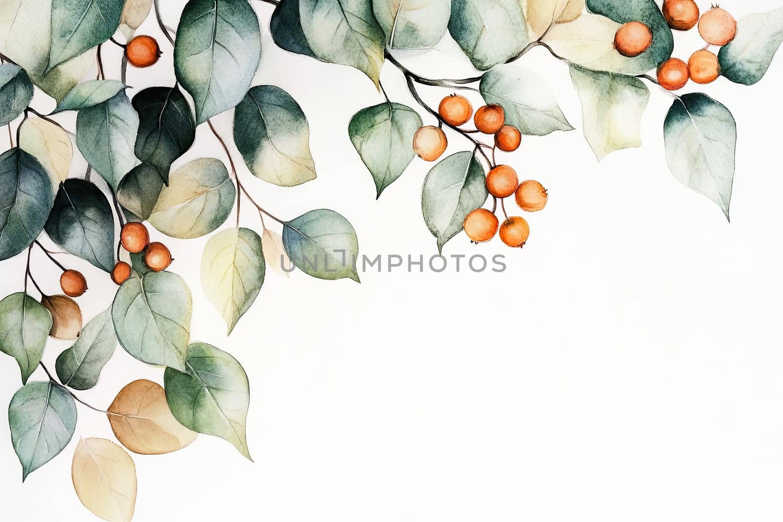 A beautiful watercolor artwork featuring eucalyptus leaves in varied hues of green, yellow, and red, complemented by vibrant red berries, elegantly arranged against a white background.
