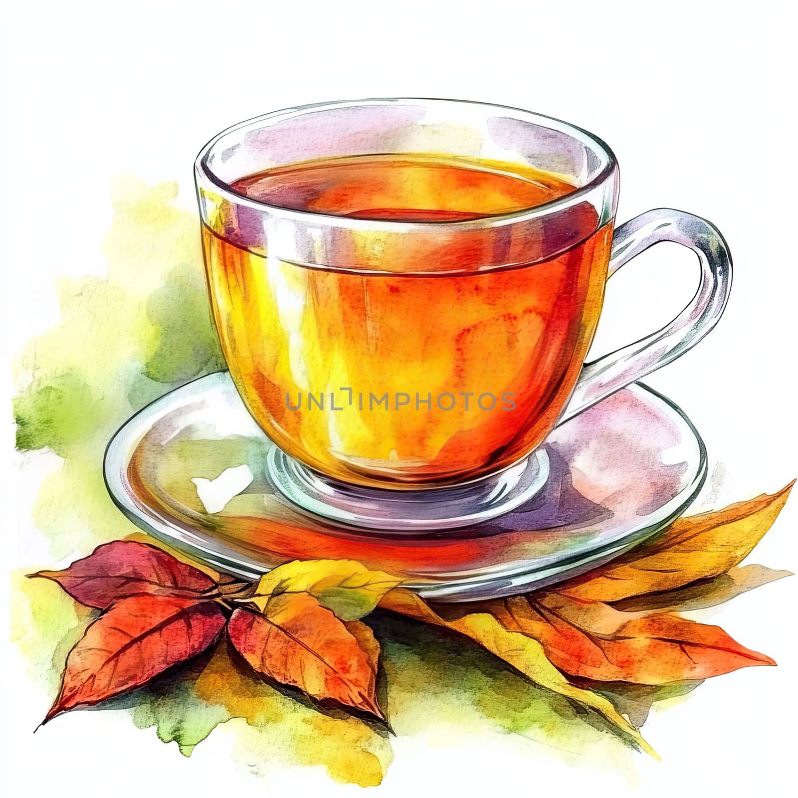 A clear glass cup filled with herbal tea sits surrounded by vibrant autumn leaves. This setting captures the essence of a warm, inviting afternoon, perfect for relaxation.