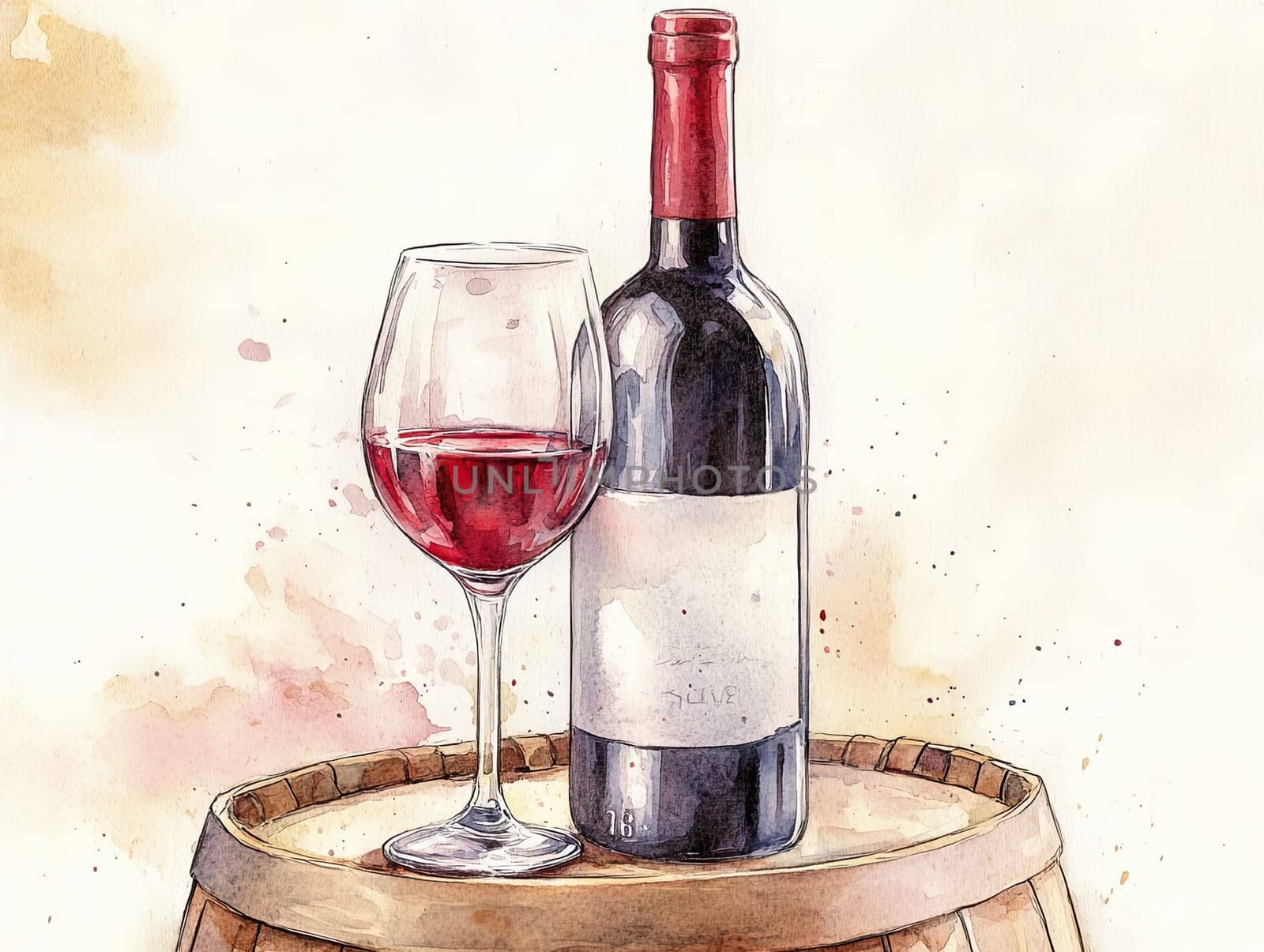 A beautifully arranged bottle of red wine sits on a rustic wooden barrel alongside a filled wine glass, accented by fresh grape leaves, creating a cozy atmosphere perfect for a gathering.