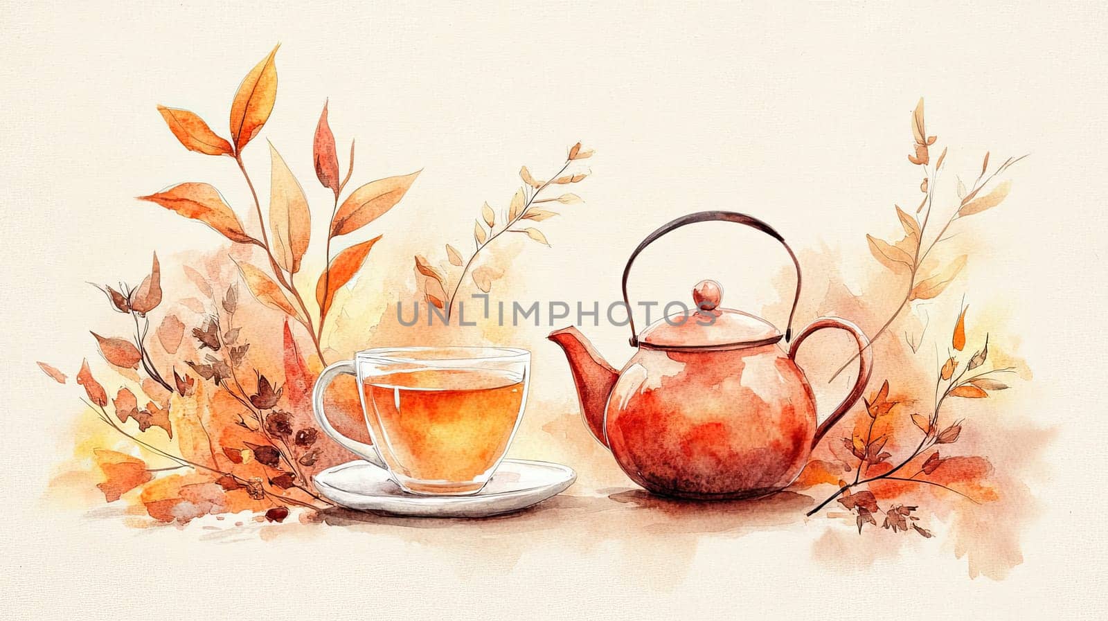 Warm hues of orange and yellow evoke a cozy atmosphere as a crafted cup of tea sits next to a decorative teapot amid autumn leaves, creating a peaceful fall moment.