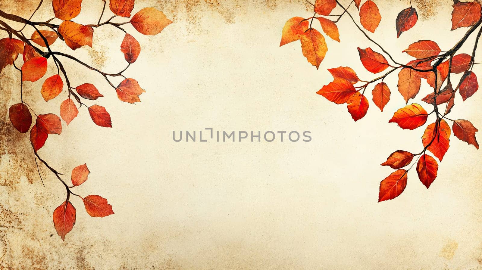 A decorative autumn-themed background showcases a blend of orange and red leaves accompanied by shiny berries, creating a warm and inviting ambiance suitable for seasonal designs.