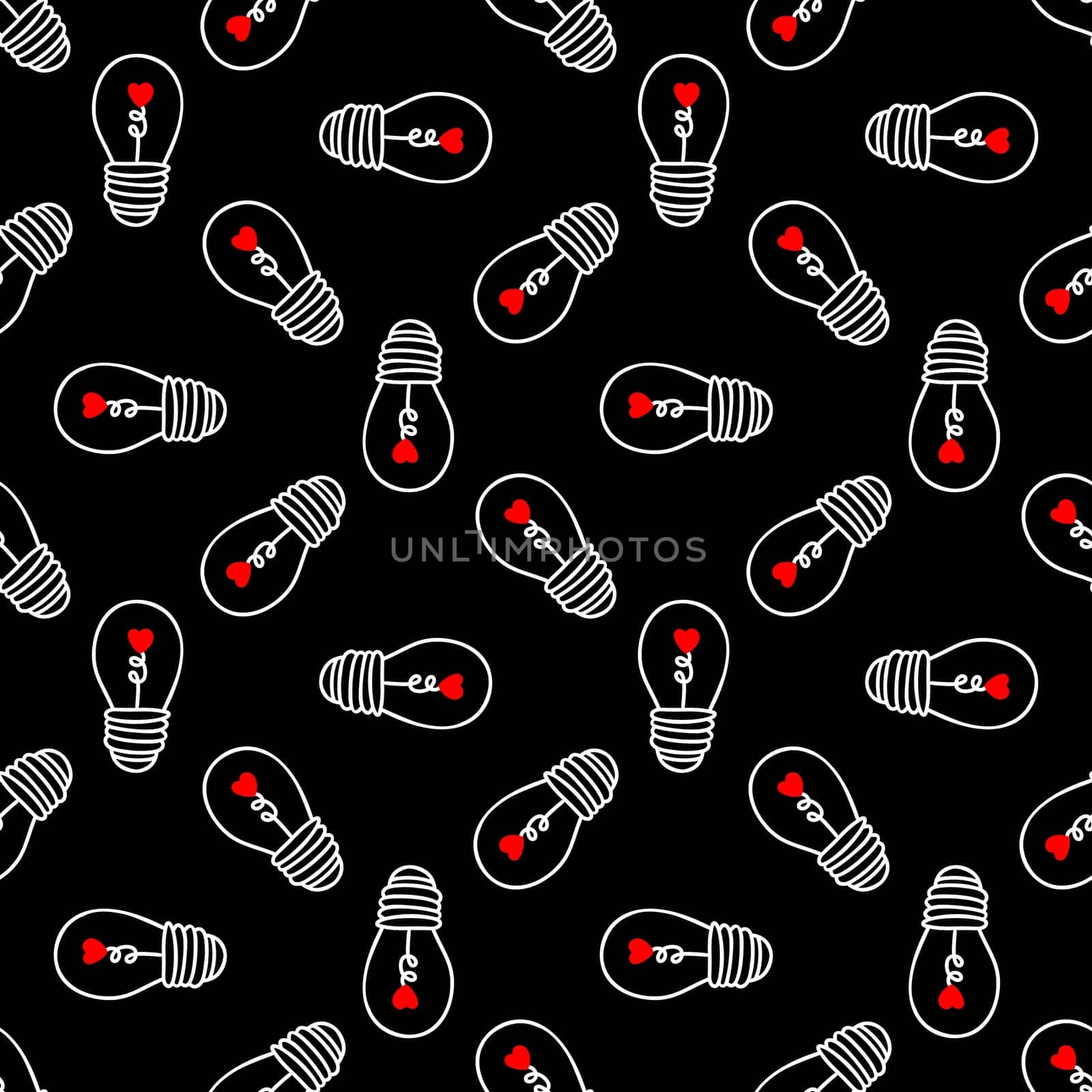 Seamless background with light bulbs with a heart on a white background. Design for Valentines Day, Wedding, Invitations