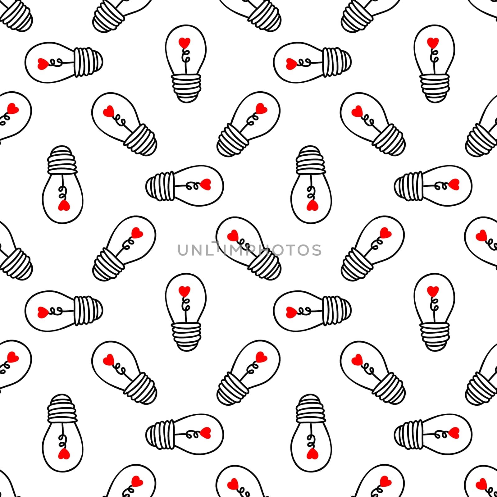 Seamless background with light bulbs with a heart on a white background. Design for Valentines Day, Wedding, Invitations