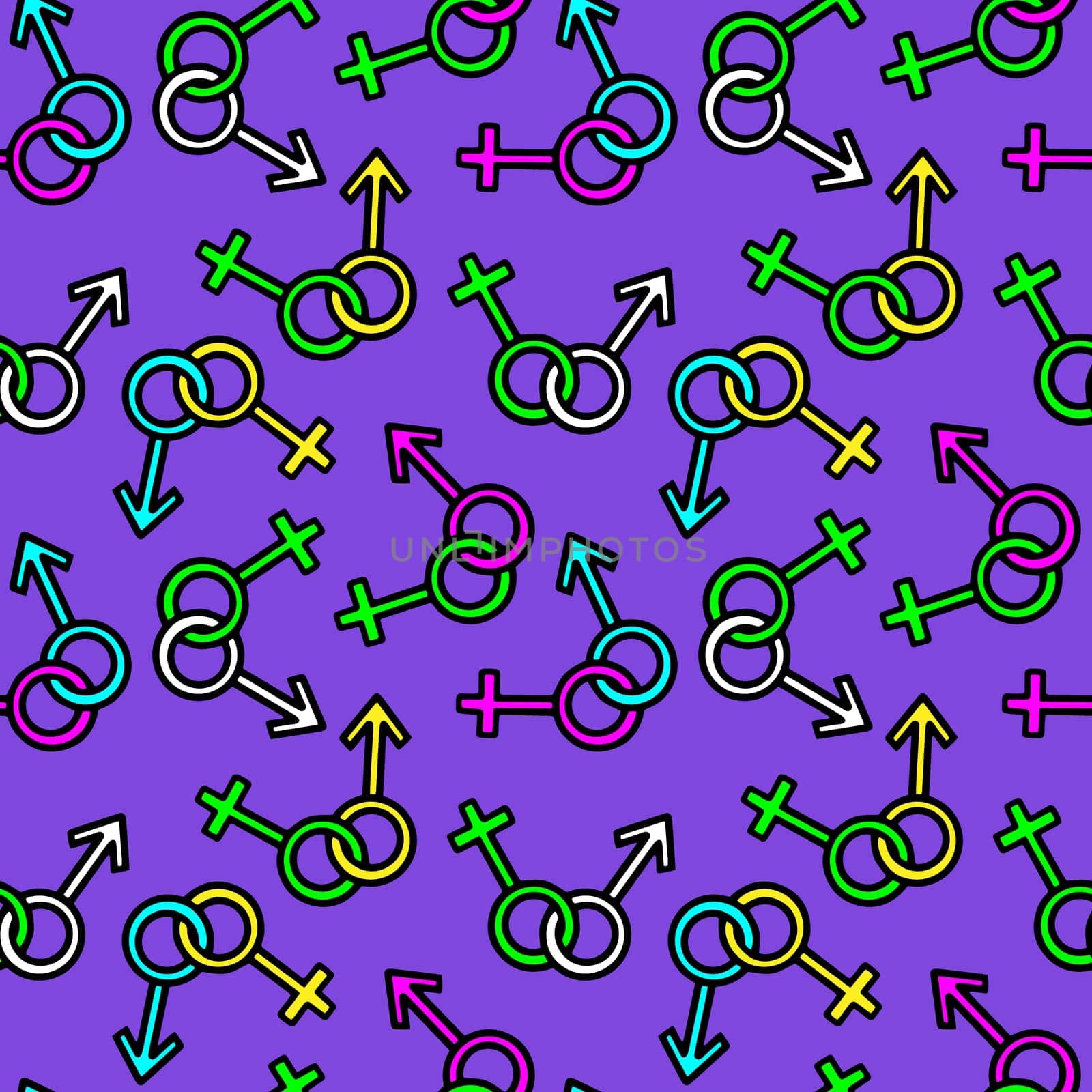 Bright seamless pattern with gender symbols of man and woman. High quality illustration