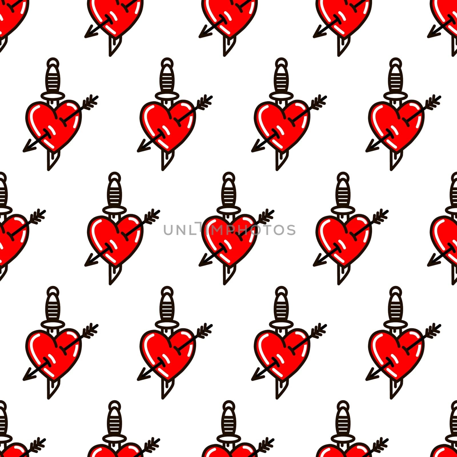 Heart with dagger in the style of old school tattoo seamless pattern illustration in doodle style. Design for textiles, paper, wrappers