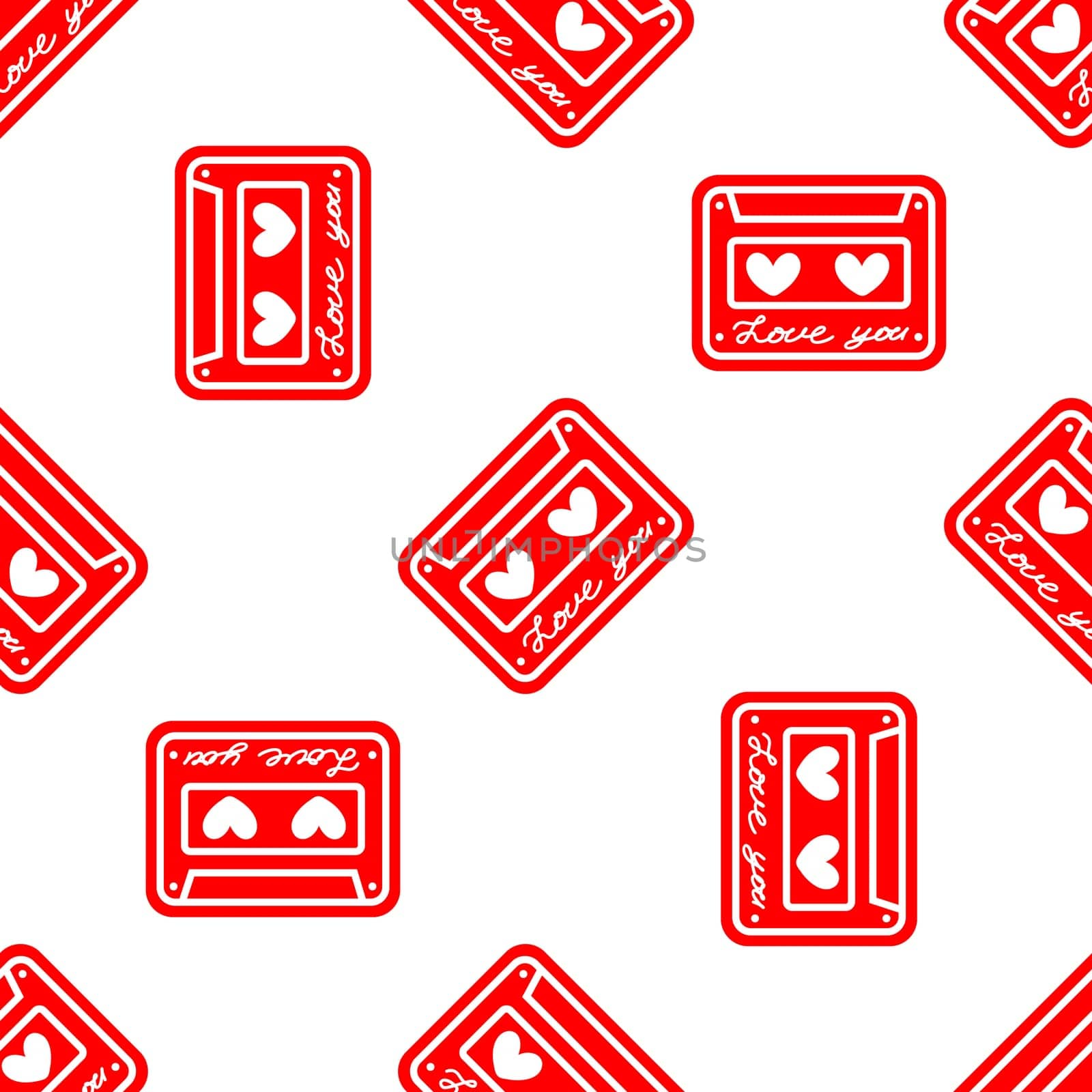 Seamless background with cassette and hearts. Design for Valentines Day illustration. Design for Valentines
