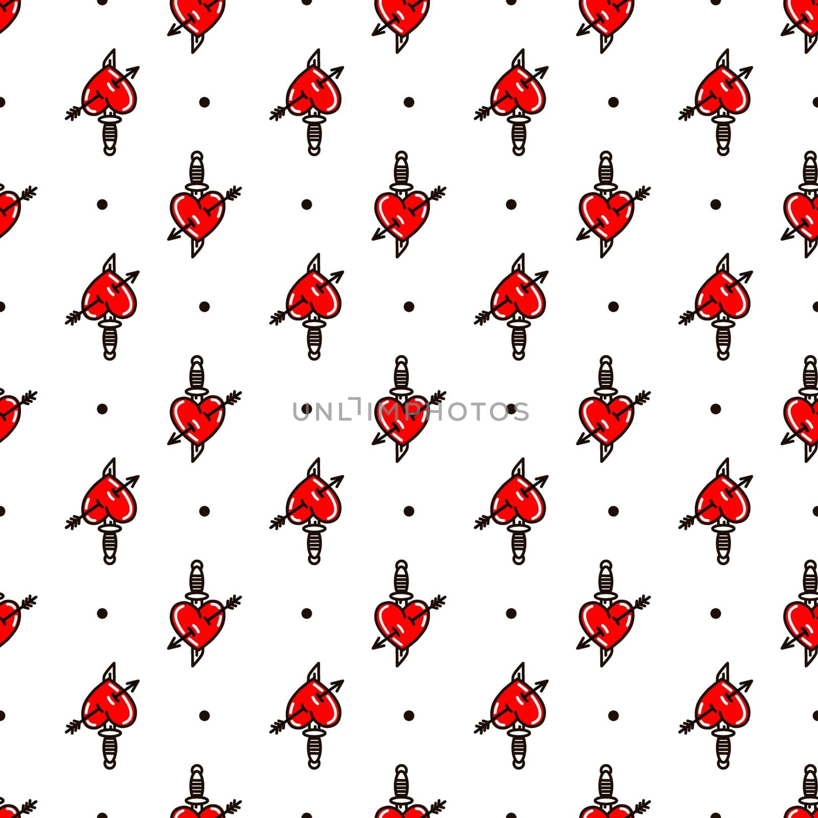 Heart with dagger in the style of old school tattoo seamless pattern illustration in doodle style. Design for textiles, paper, wrappers