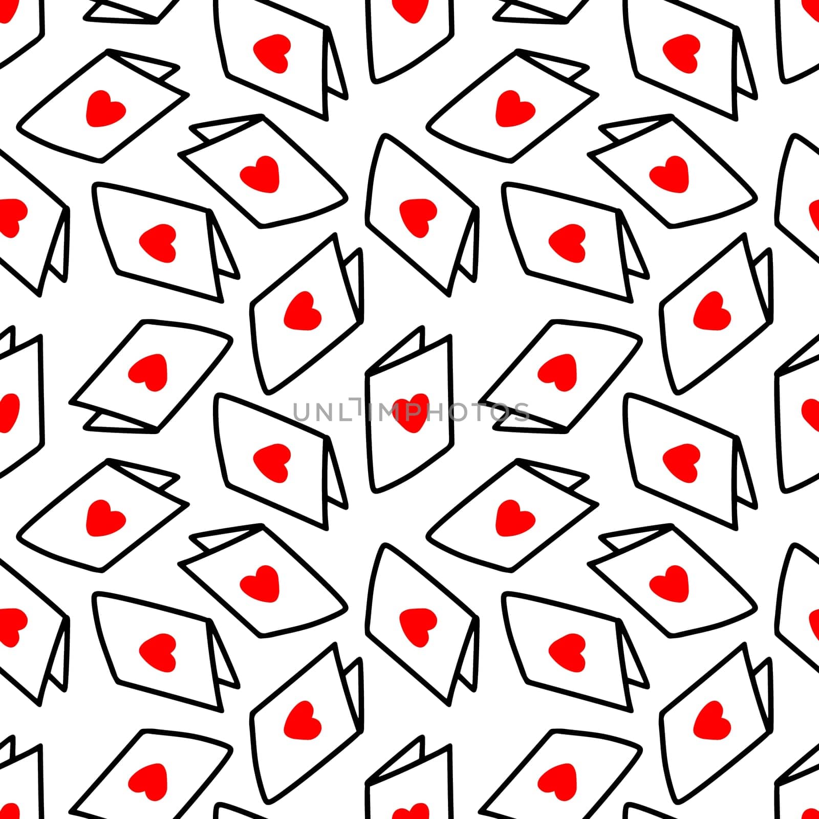 Seamless pattern with postcards with hearts illustration in doodle style. Design for Valentines Day