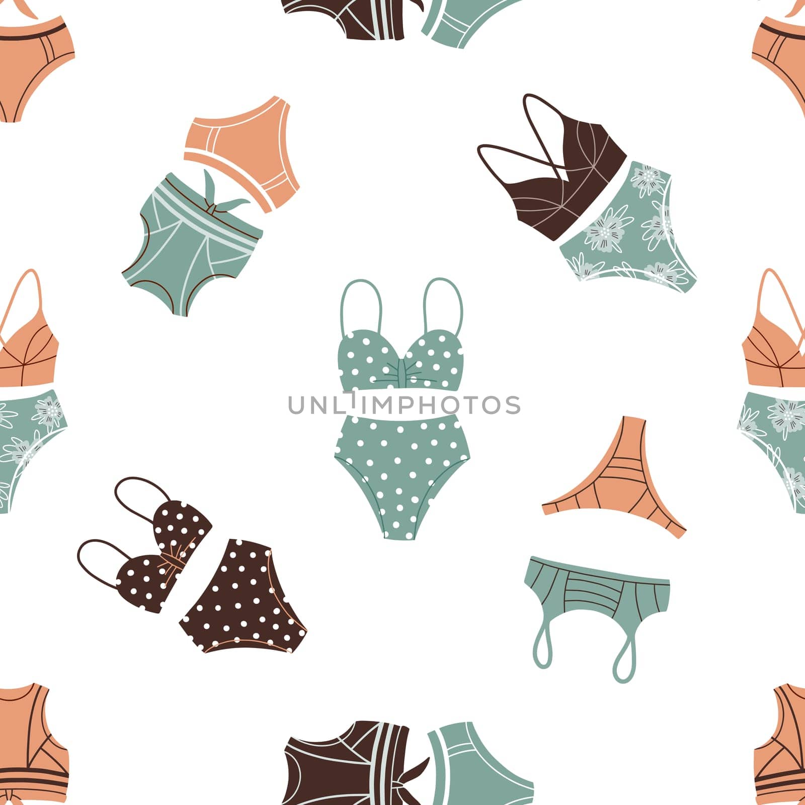 illustration of vintage bikini panties and bras forming seamless pattern for summer holiday concept