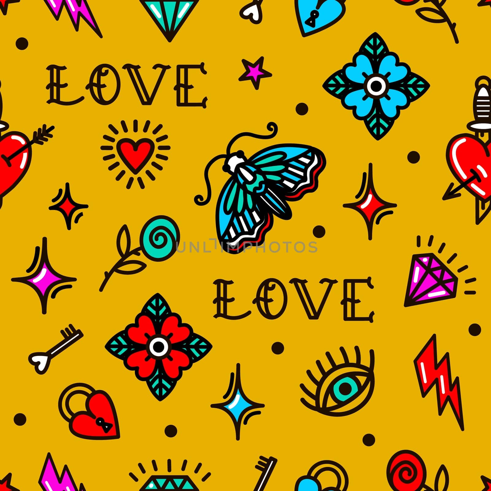 monochrome Old School Style Pattern for Valentine's Day. Background with love symbols
