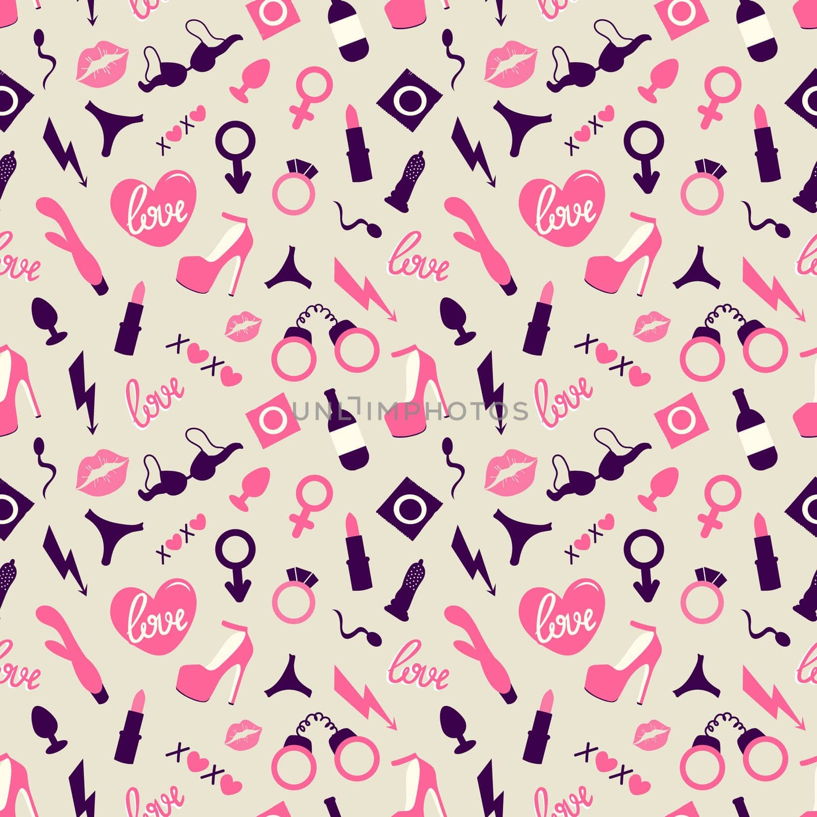 Glamorous bright sexy seamless pattern. Rave style. Condoms, shoes, and kisses on a dark background