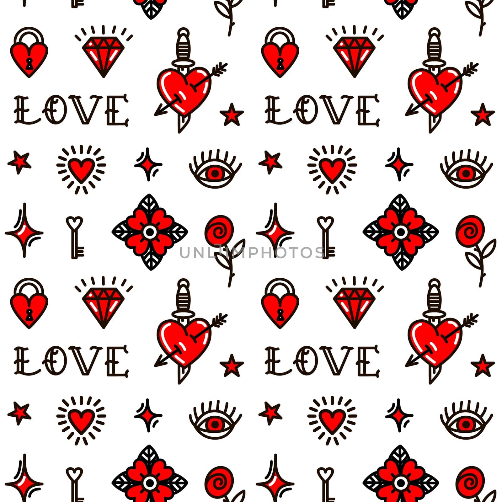 Valentines Day in old school style seamless pattern. Design For Valentines Day, Stilts, Wrapping Paper, Packaging, Textiles