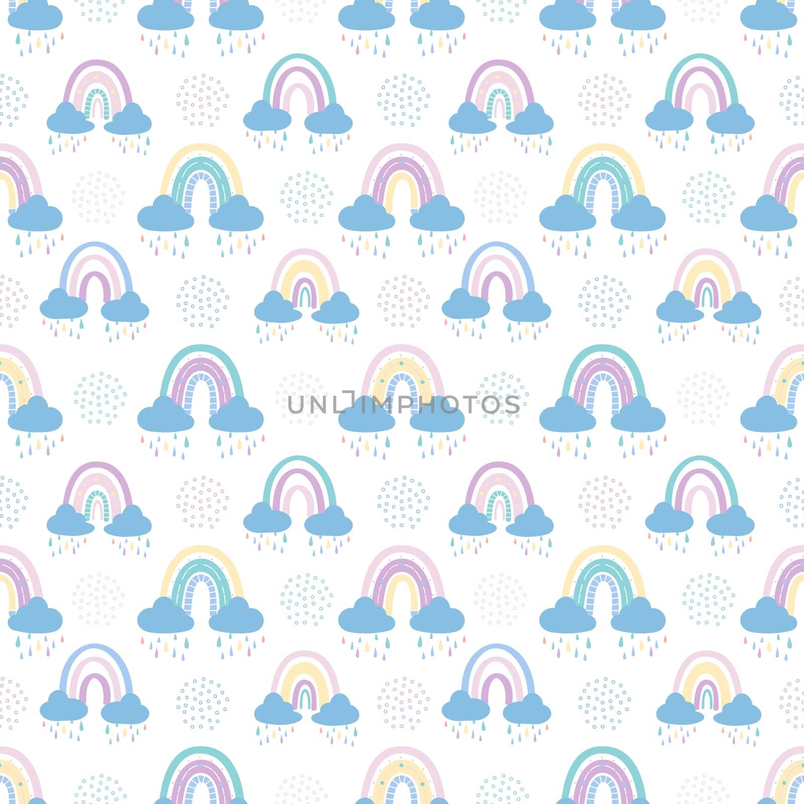 .Abstract rainbow with clouds and raindrops, doodles and circles in a seamless pattern. Childrens pattern in muted pastel colors. Hand-drawn illustration
