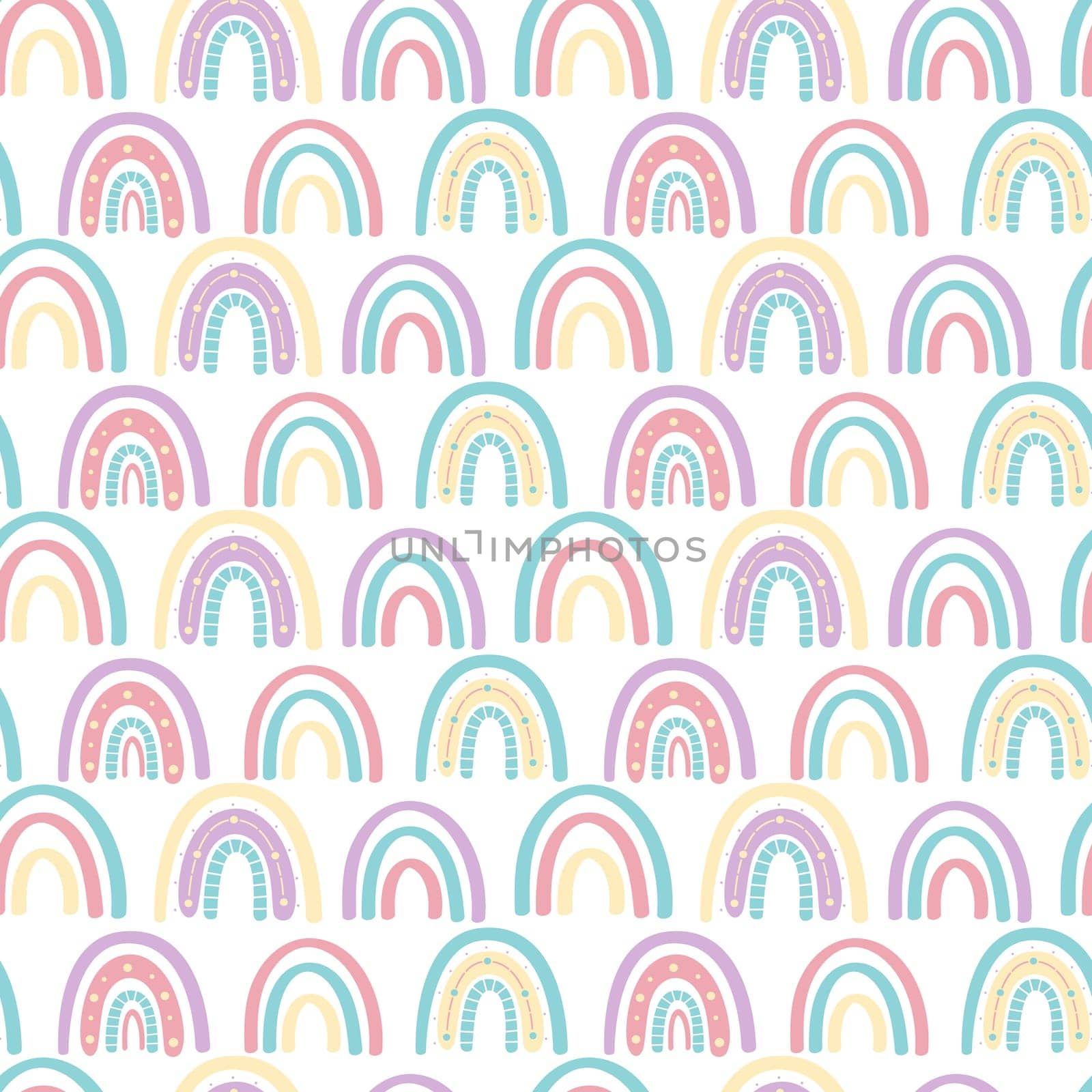 .Abstract rainbow with clouds and raindrops, doodles and circles in a seamless pattern. Childrens pattern in muted pastel colors. Hand-drawn illustration