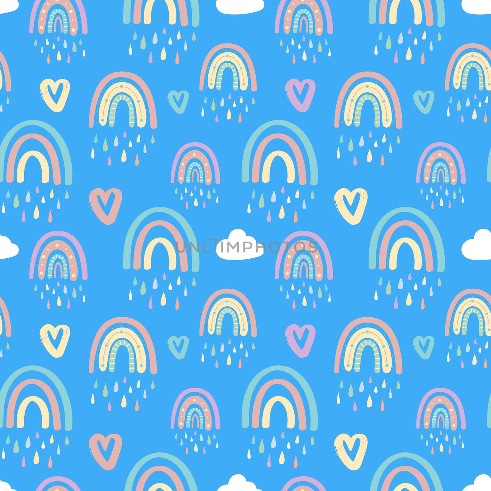 Cute rainbow and dragonfly seamless pattern. Scandinavian pattern in muted pastel colors. Hand-drawn illustration. Design for textiles, packaging, wrappers