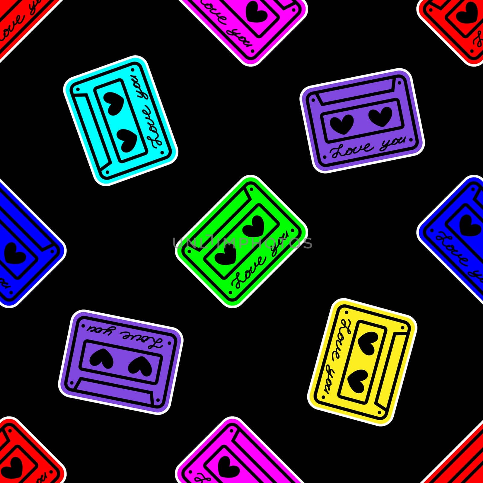 Seamless background with cassette and hearts. Design for Valentines Day illustration. Design for Valentines