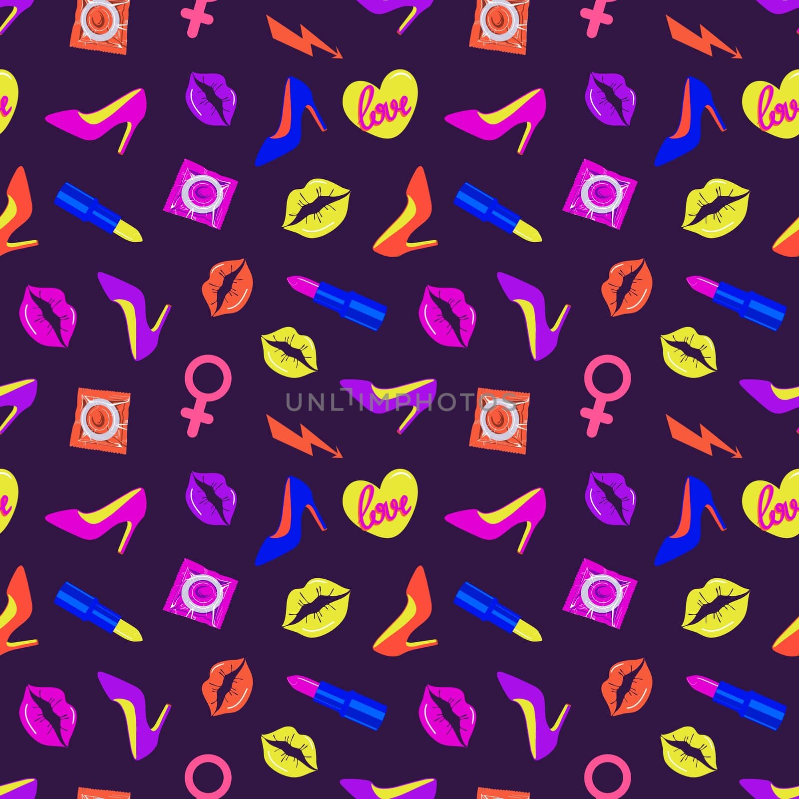 Glamorous bright sexy seamless pattern. Rave style. Condoms, shoes, and kisses on a dark background