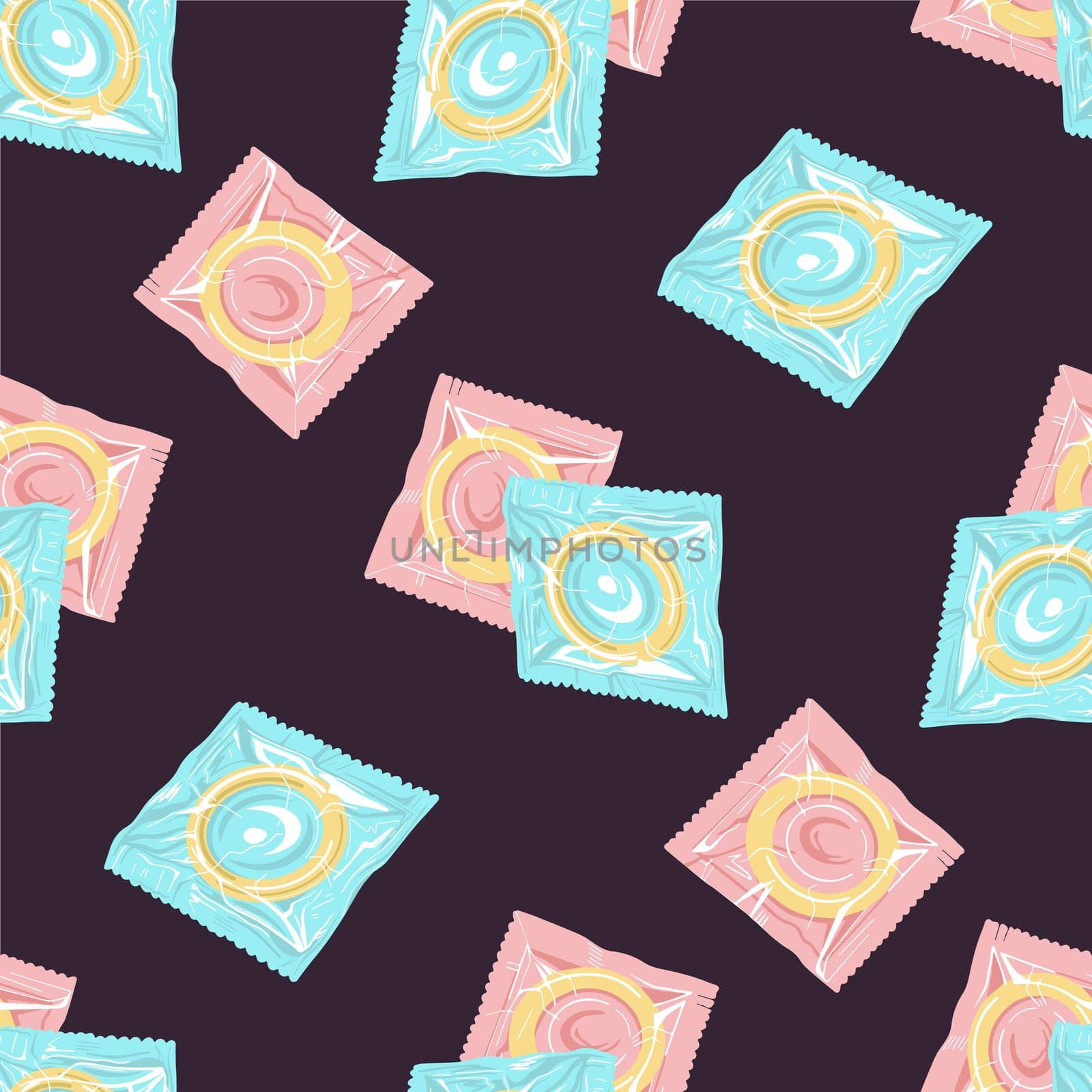 Seamless pattern with colorful condoms.The concept of safe sex. World contraception day. Latex contraceptives in the package.Prevention of AIDS, HIV, and sexually transmitted diseases