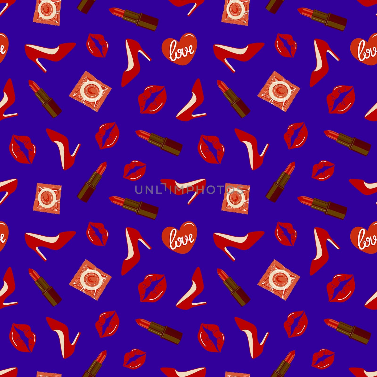 Glamorous Sexy seamless pattern. Condoms, shoes, and kisses on a blue background